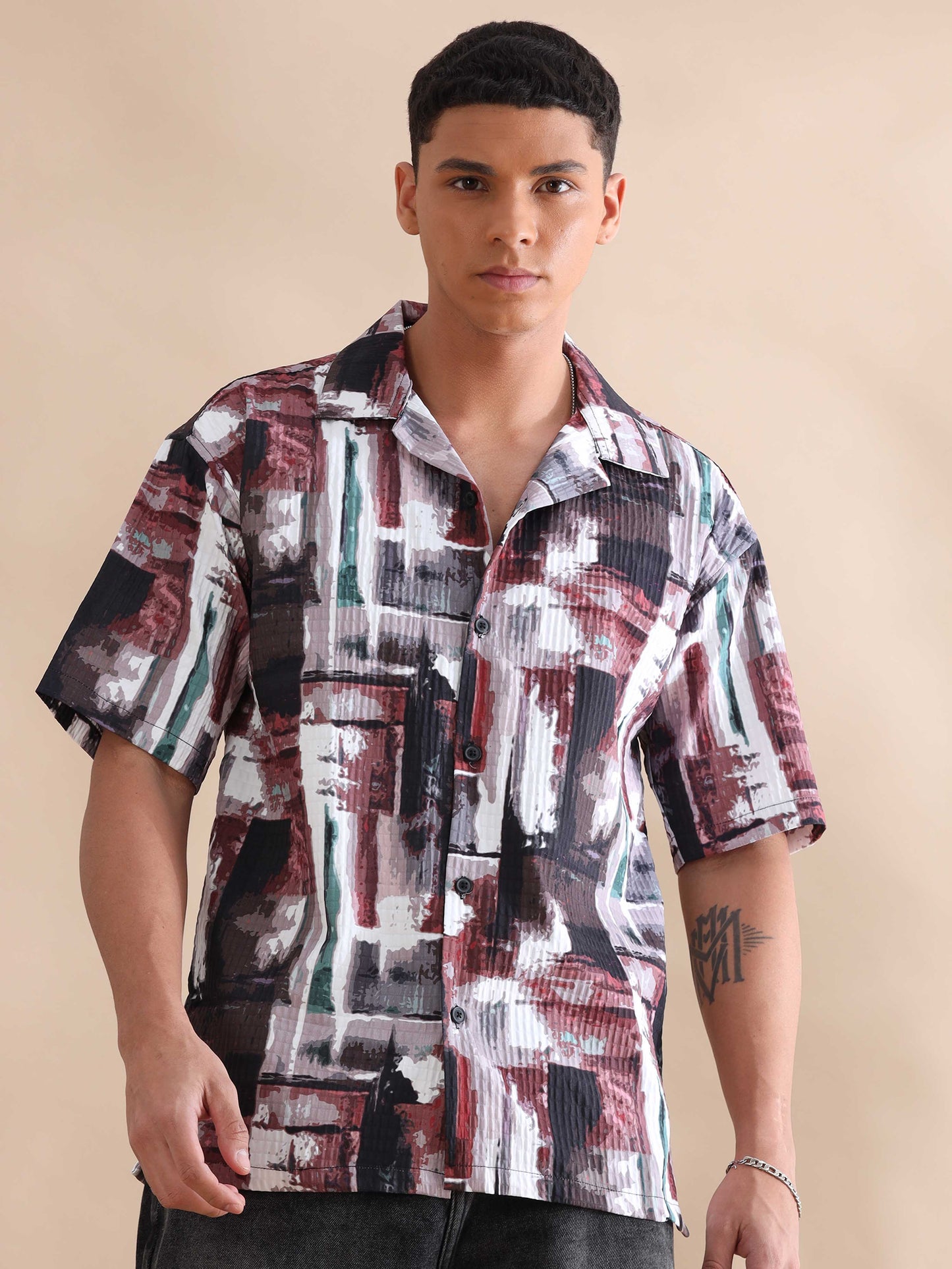 Bangkok Red Abstract Digital Print Cuban Collar Shirt