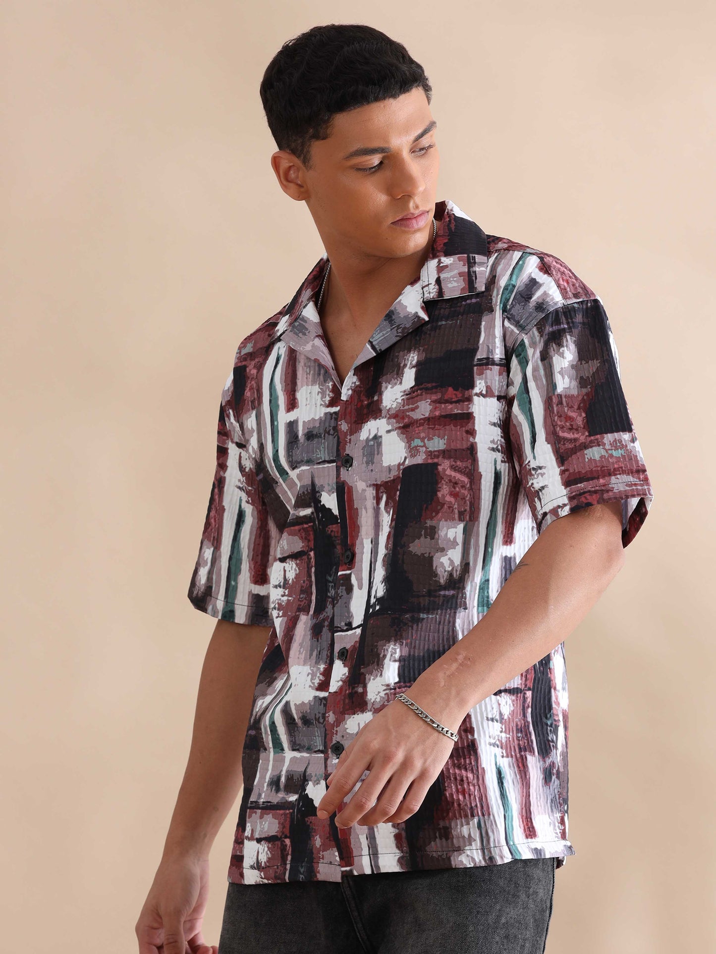 Bangkok Red Abstract Digital Print Cuban Collar Shirt