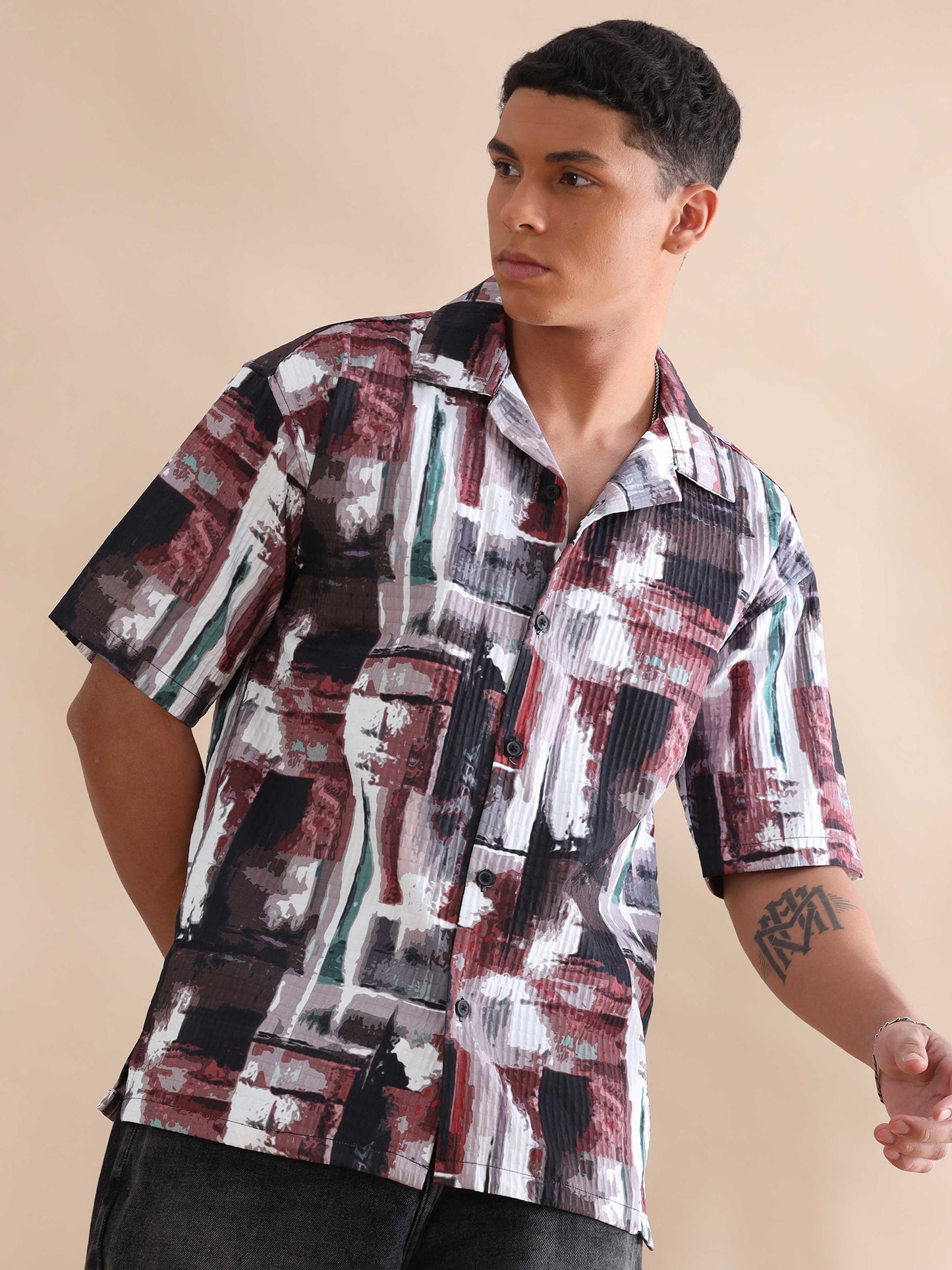 Bangkok Red Abstract Digital Print Cuban Collar Shirt