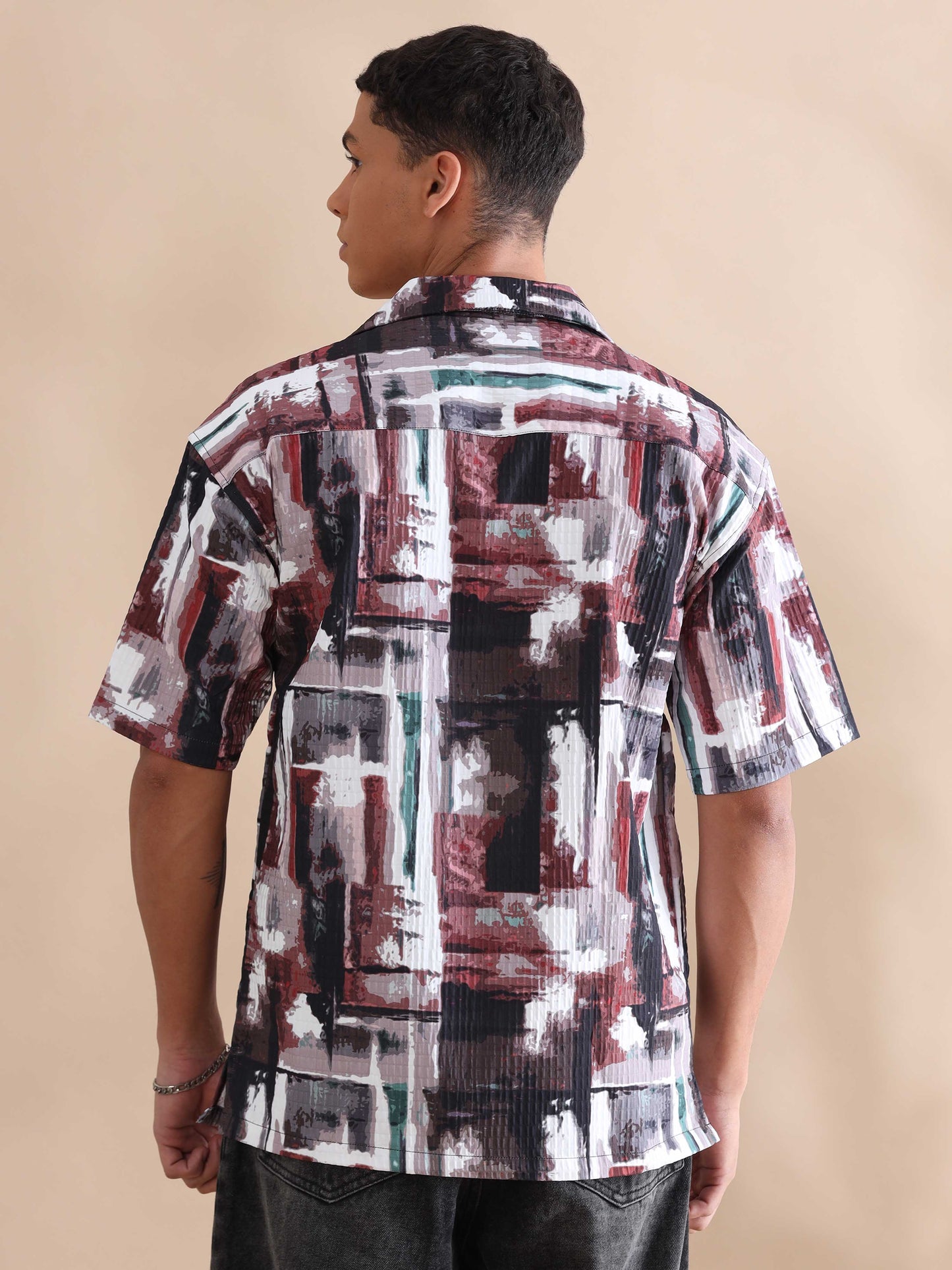 Bangkok Red Abstract Digital Print Cuban Collar Shirt