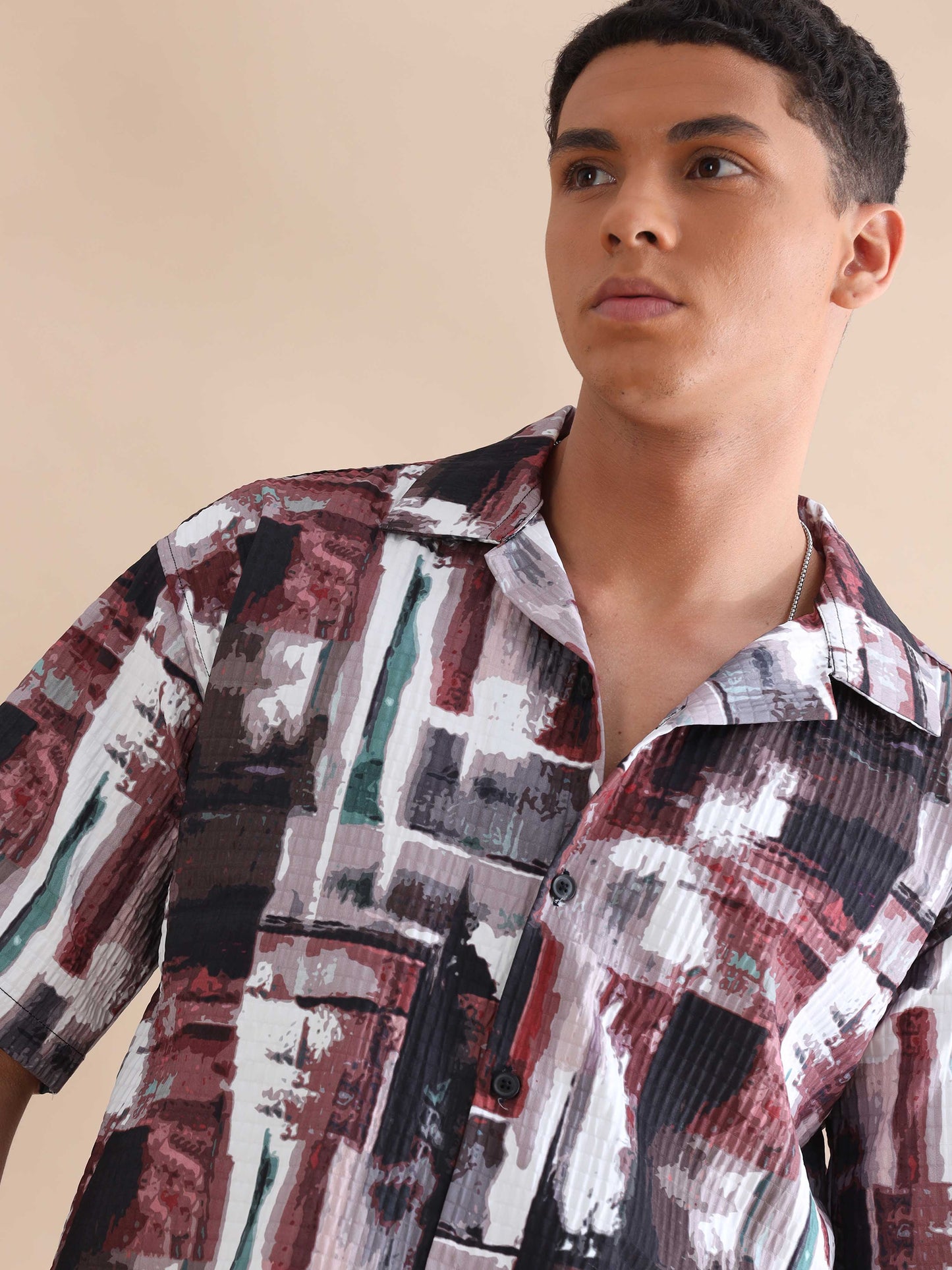 Bangkok Red Abstract Digital Print Cuban Collar Shirt