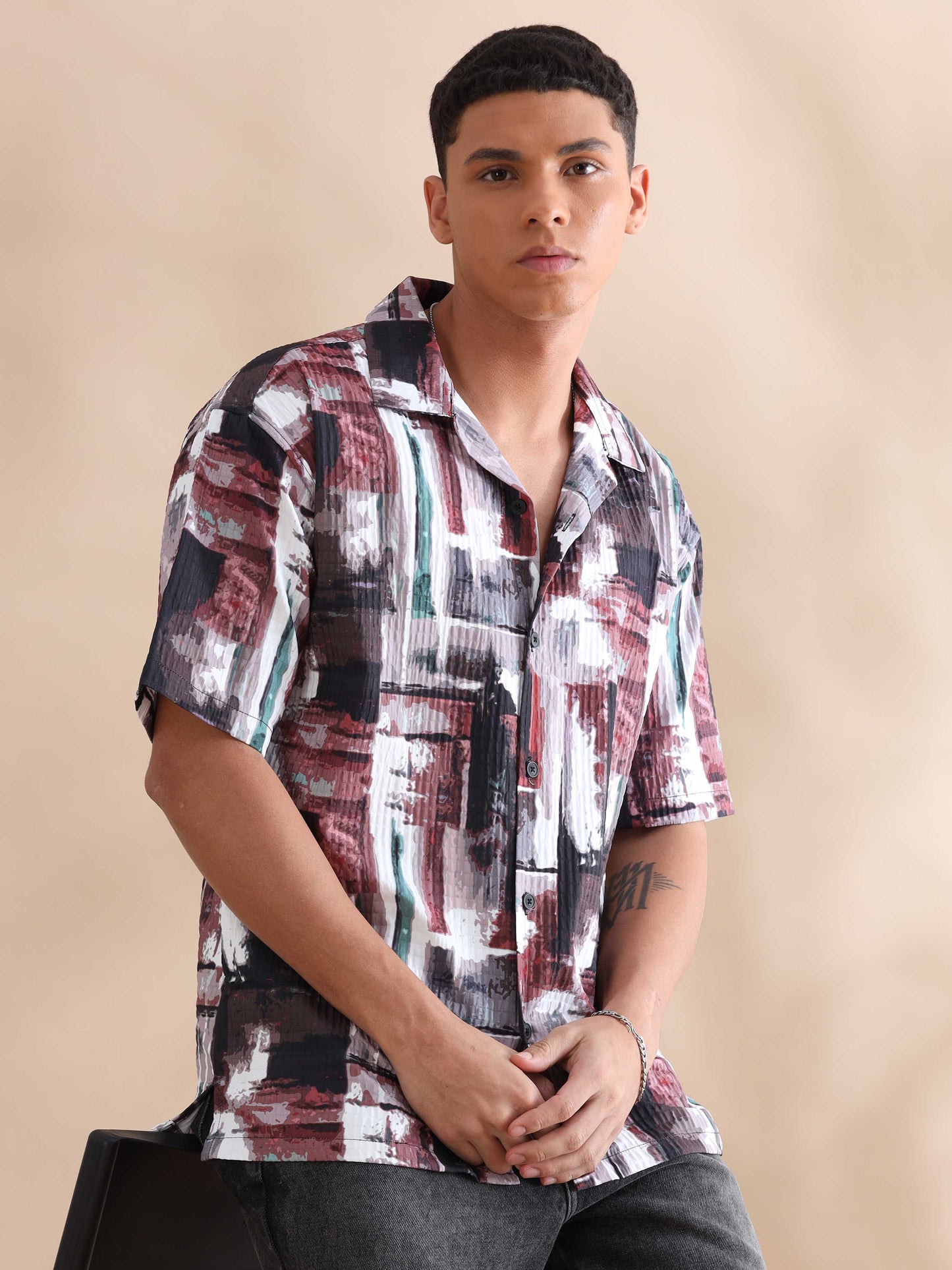 Bangkok Red Abstract Digital Print Cuban Collar Shirt