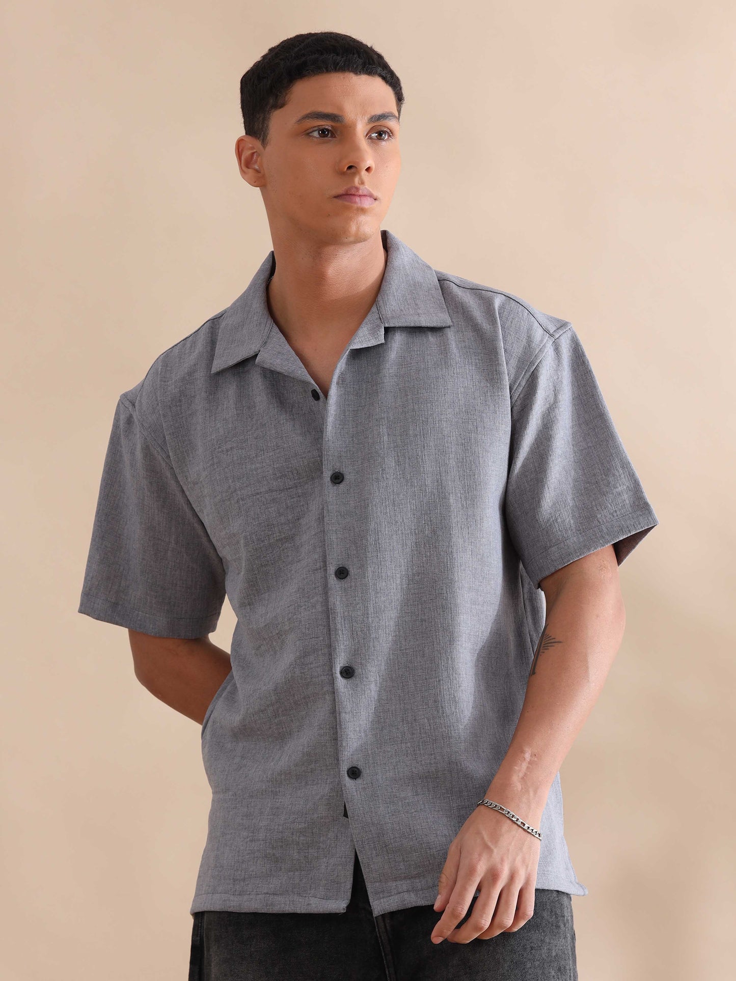 Eton Grey Imported Poly Linen Cuban Collar Shirt