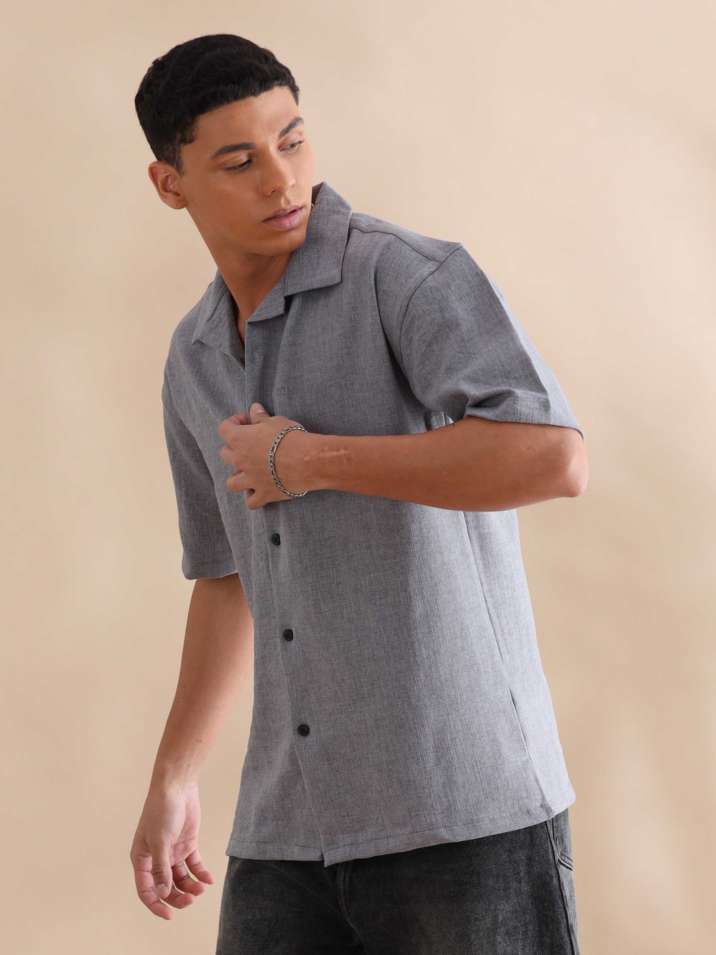 Eton Grey Imported Poly Linen Cuban Collar Shirt