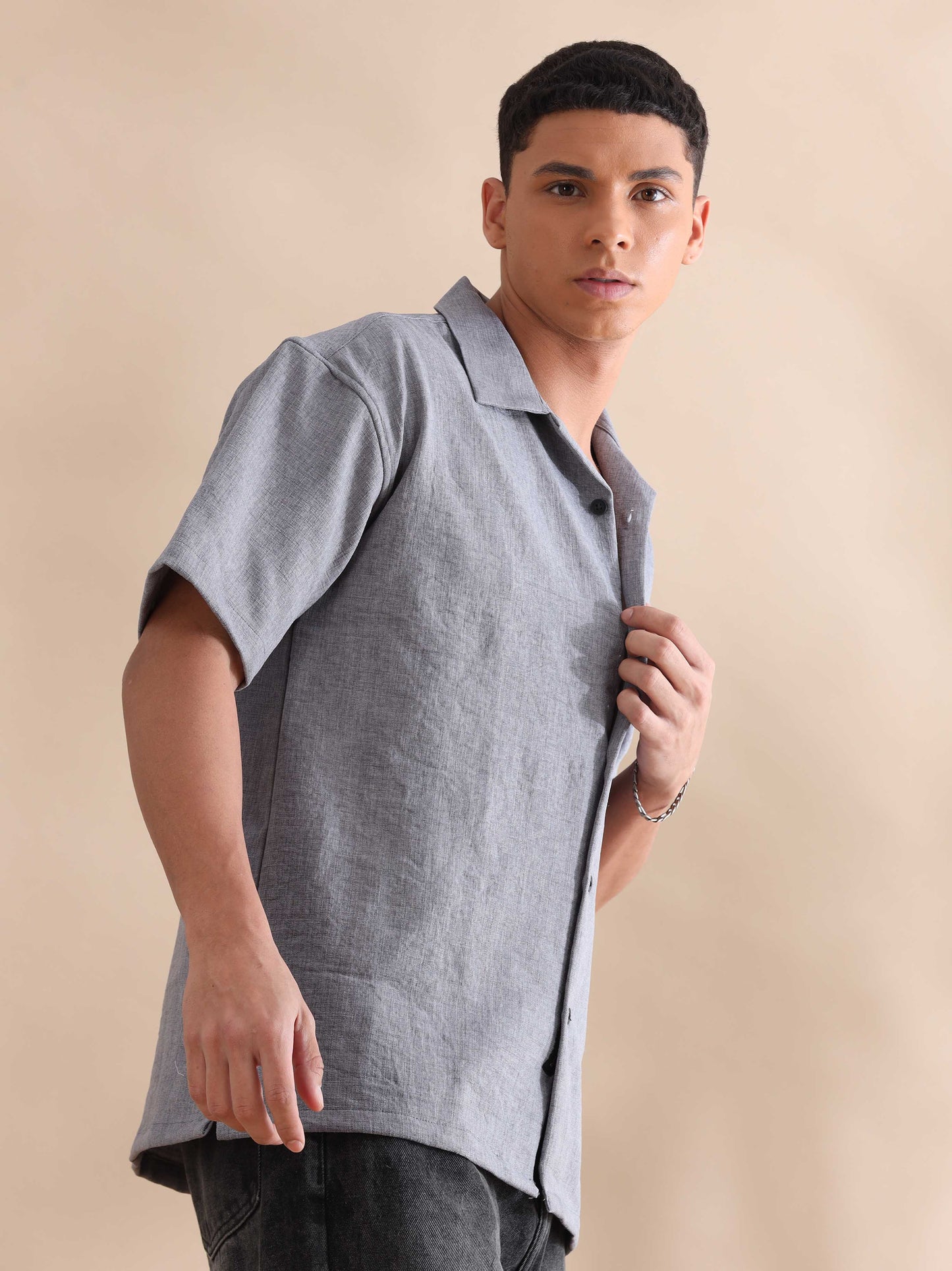 Eton Grey Imported Poly Linen Cuban Collar Shirt