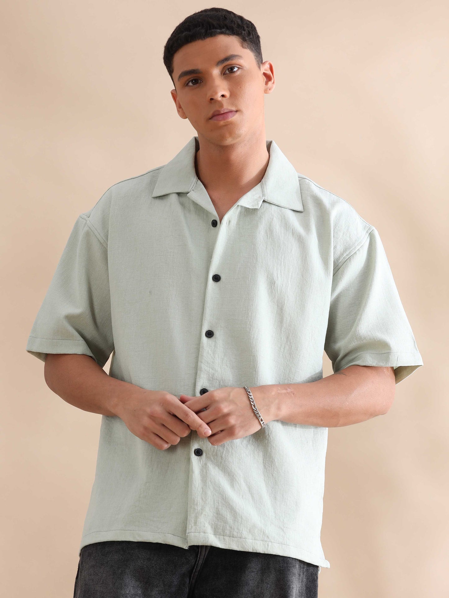 Eton Light Green Imported Poly Linen Cuban Collar Shirt