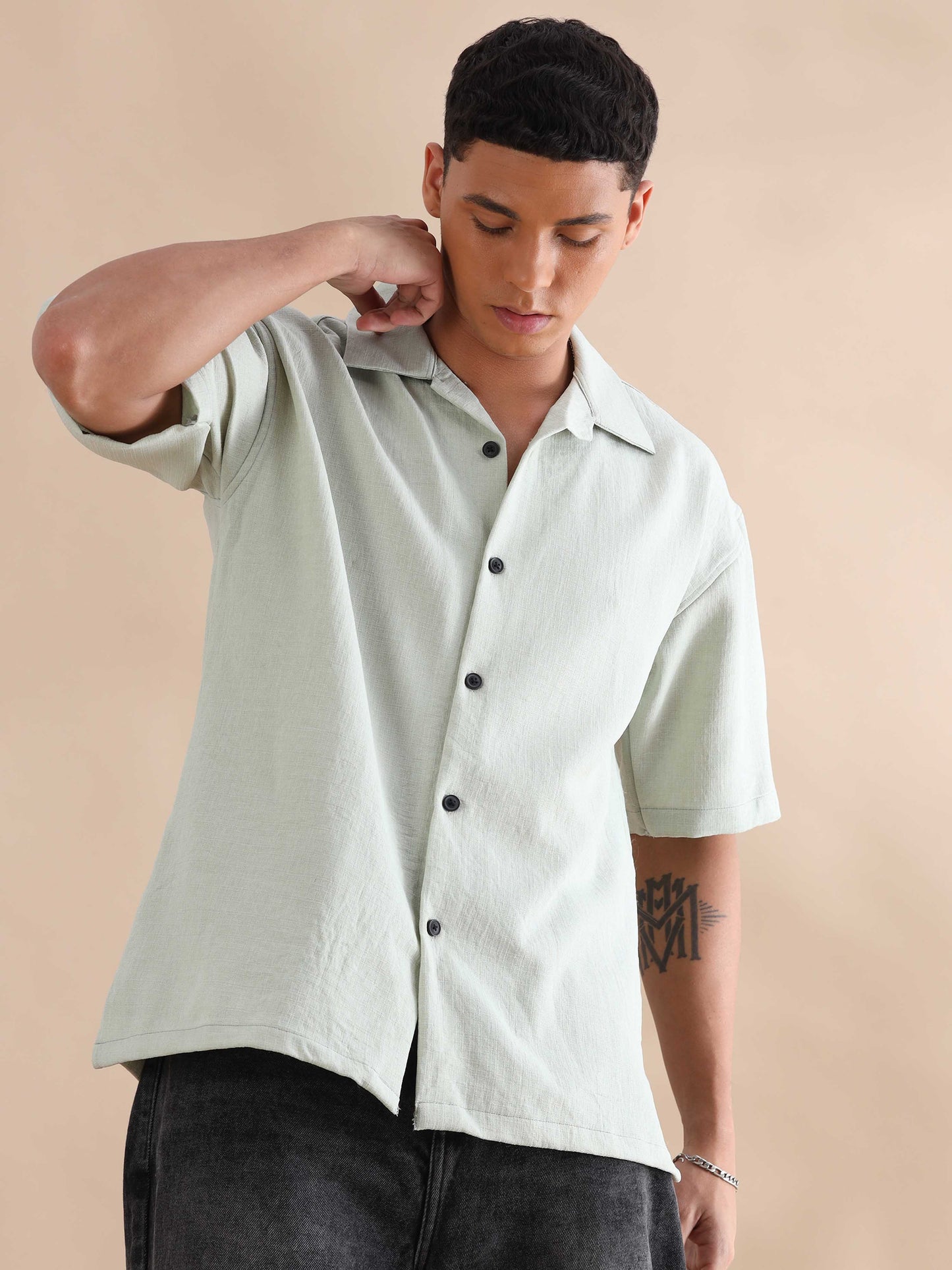 Eton Light Green Imported Poly Linen Cuban Collar Shirt