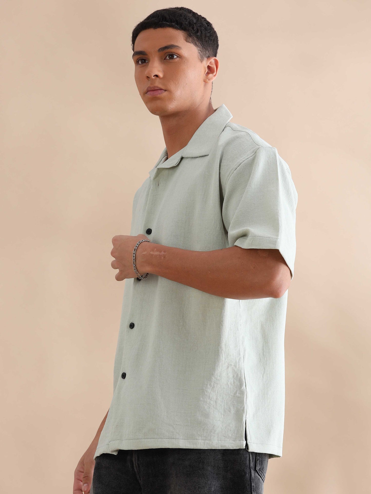 Eton Light Green Imported Poly Linen Cuban Collar Shirt