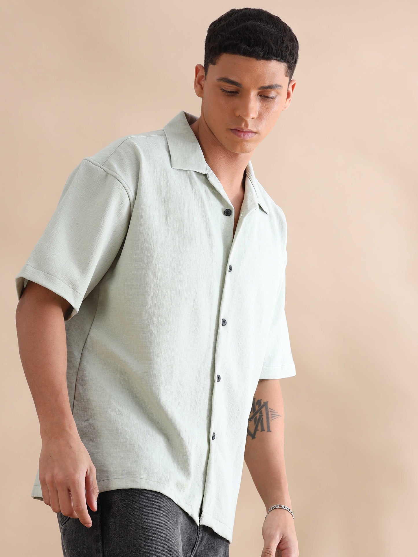 Eton Light Green Imported Poly Linen Cuban Collar Shirt