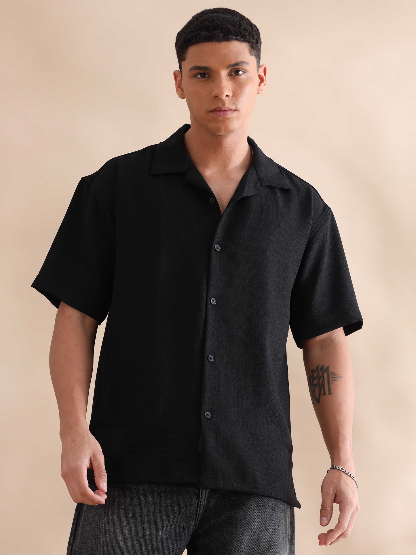 Eton Black Imported Poly Linen Cuban Collar Shirt