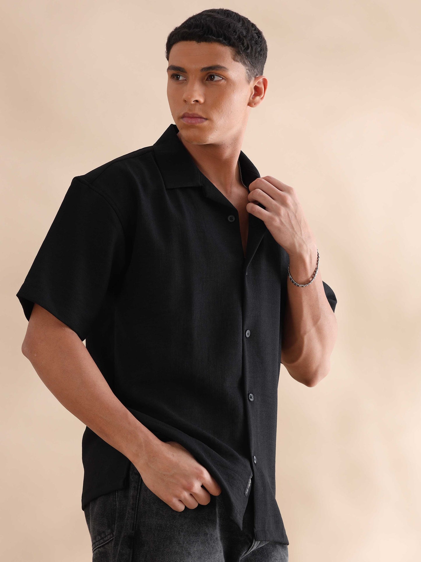 Eton Black Imported Poly Linen Cuban Collar Shirt