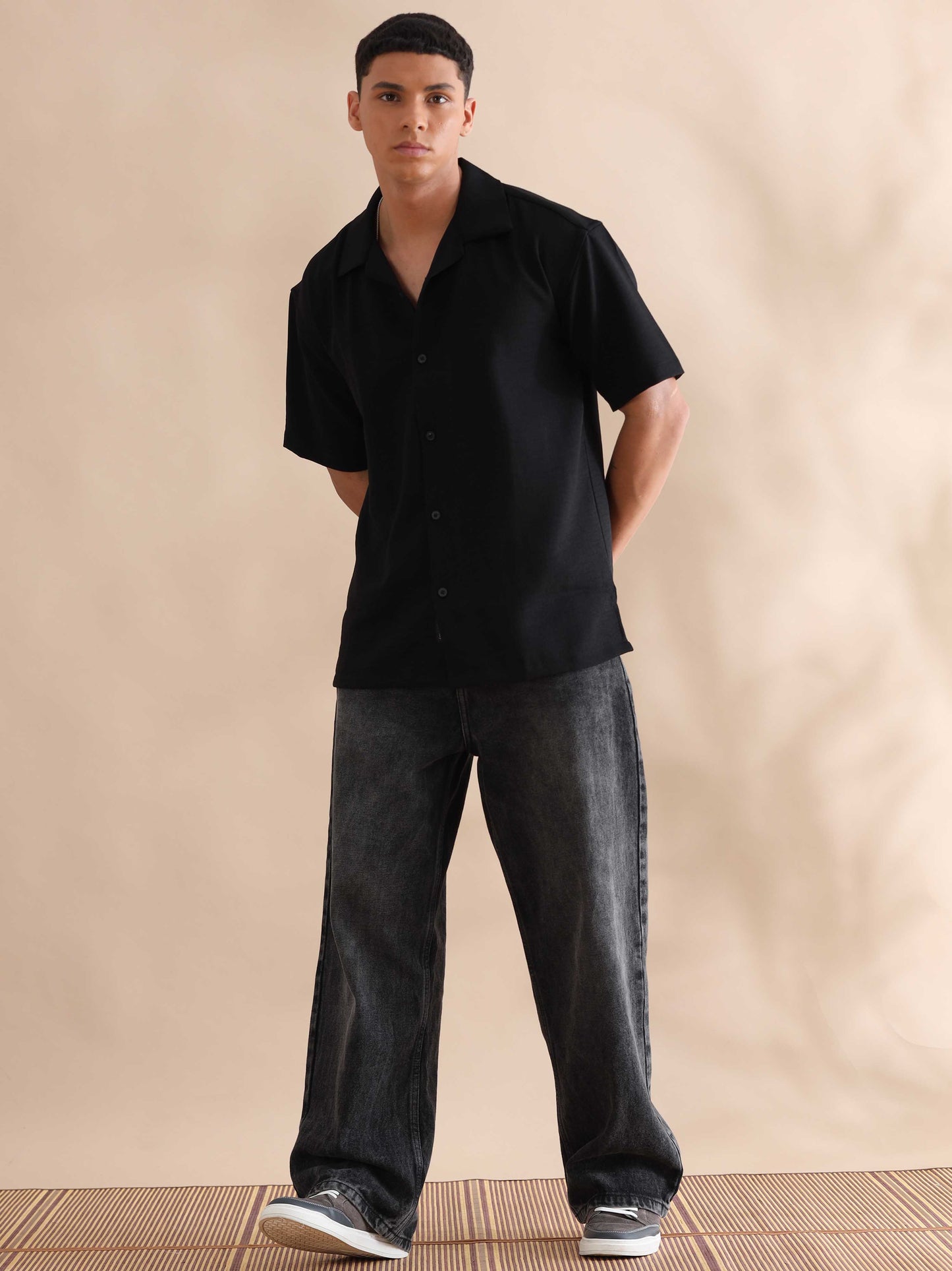 Eton Black Imported Poly Linen Cuban Collar Shirt