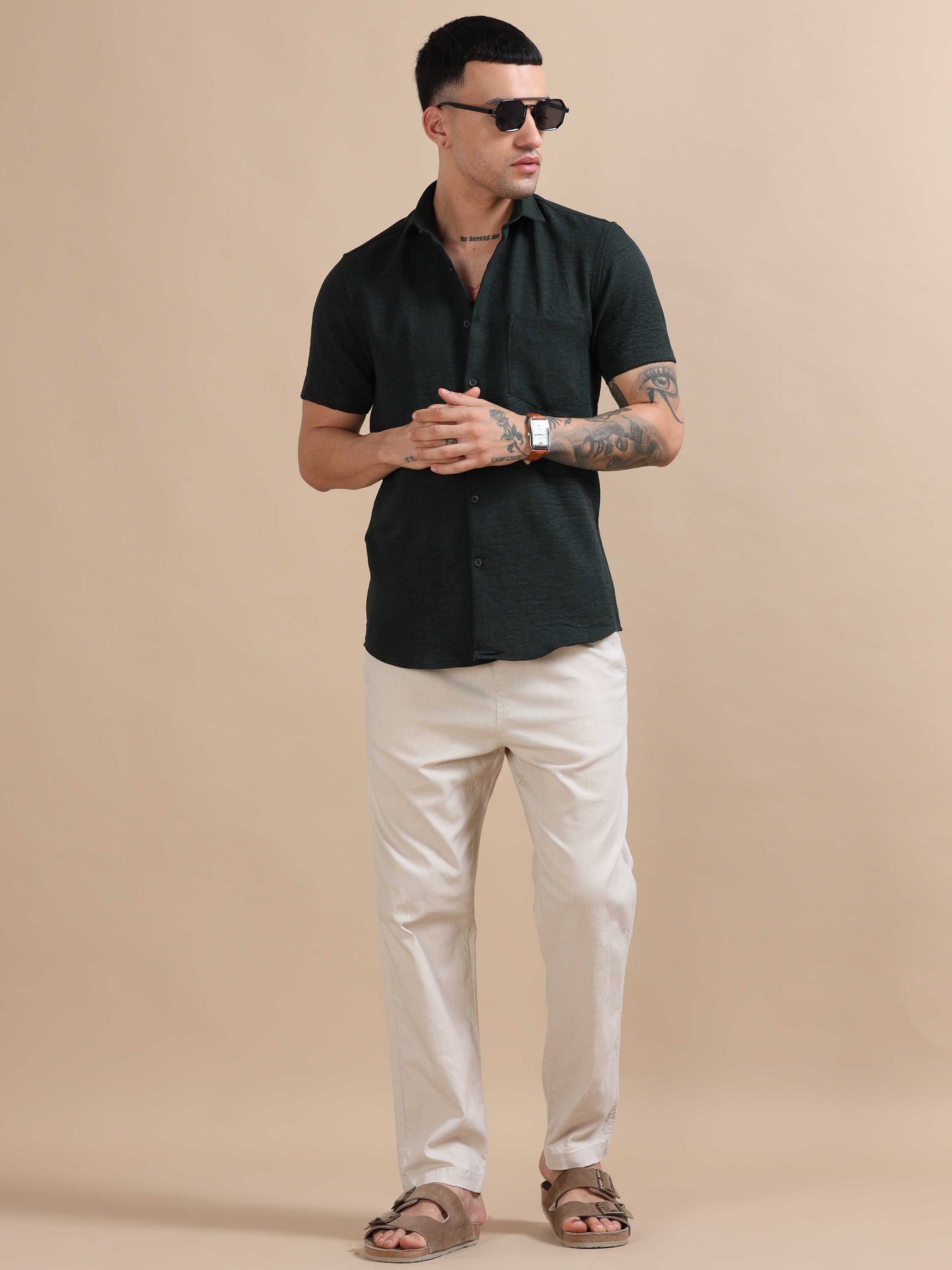 Eton Olive Imported Poly Linen Shirt