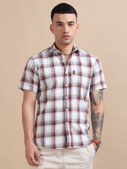 Savador Red Linen Slub Checks Shirt