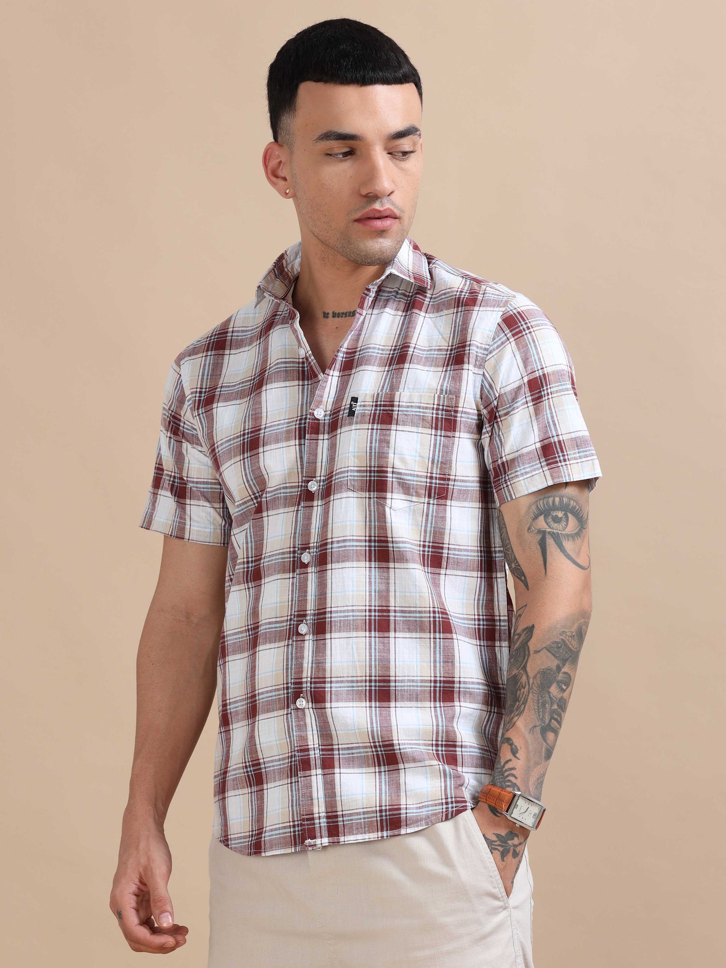 Savador Red Linen Slub Checks Shirt