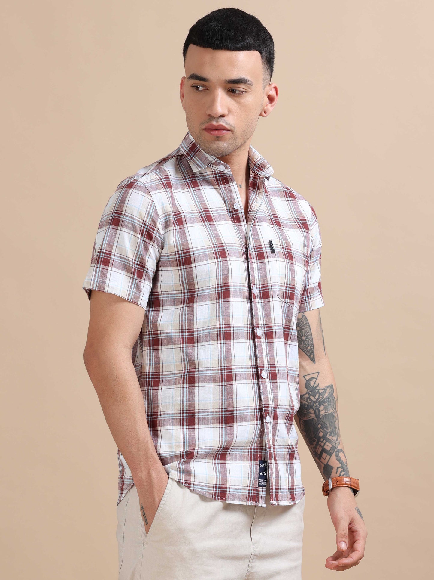 Savador Red Linen Slub Checks Shirt