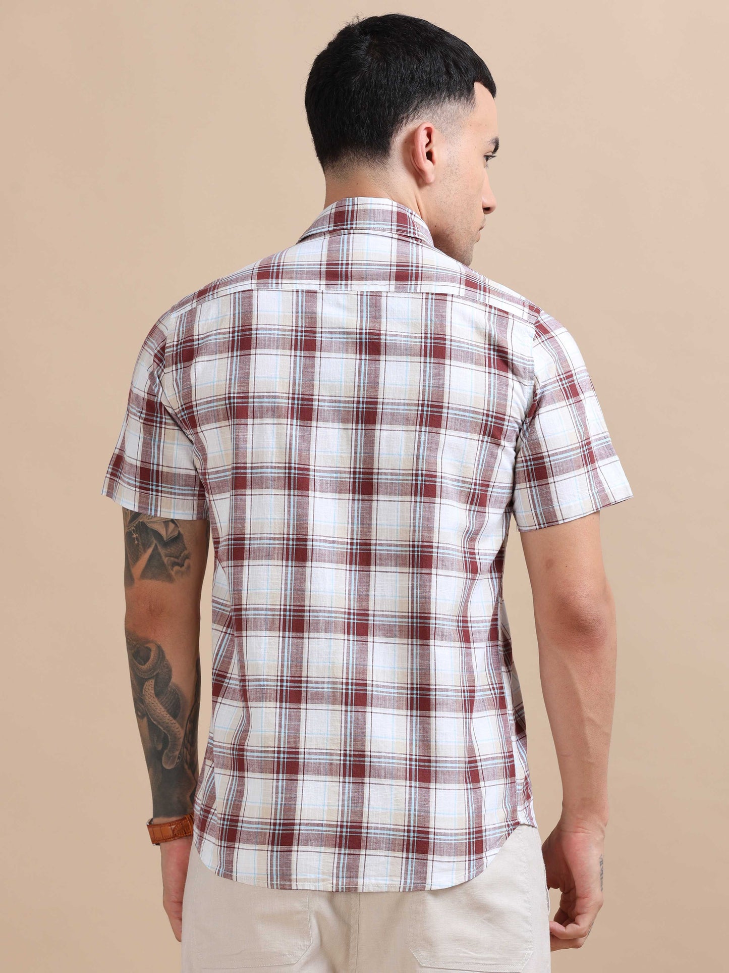 Savador Red Linen Slub Checks Shirt