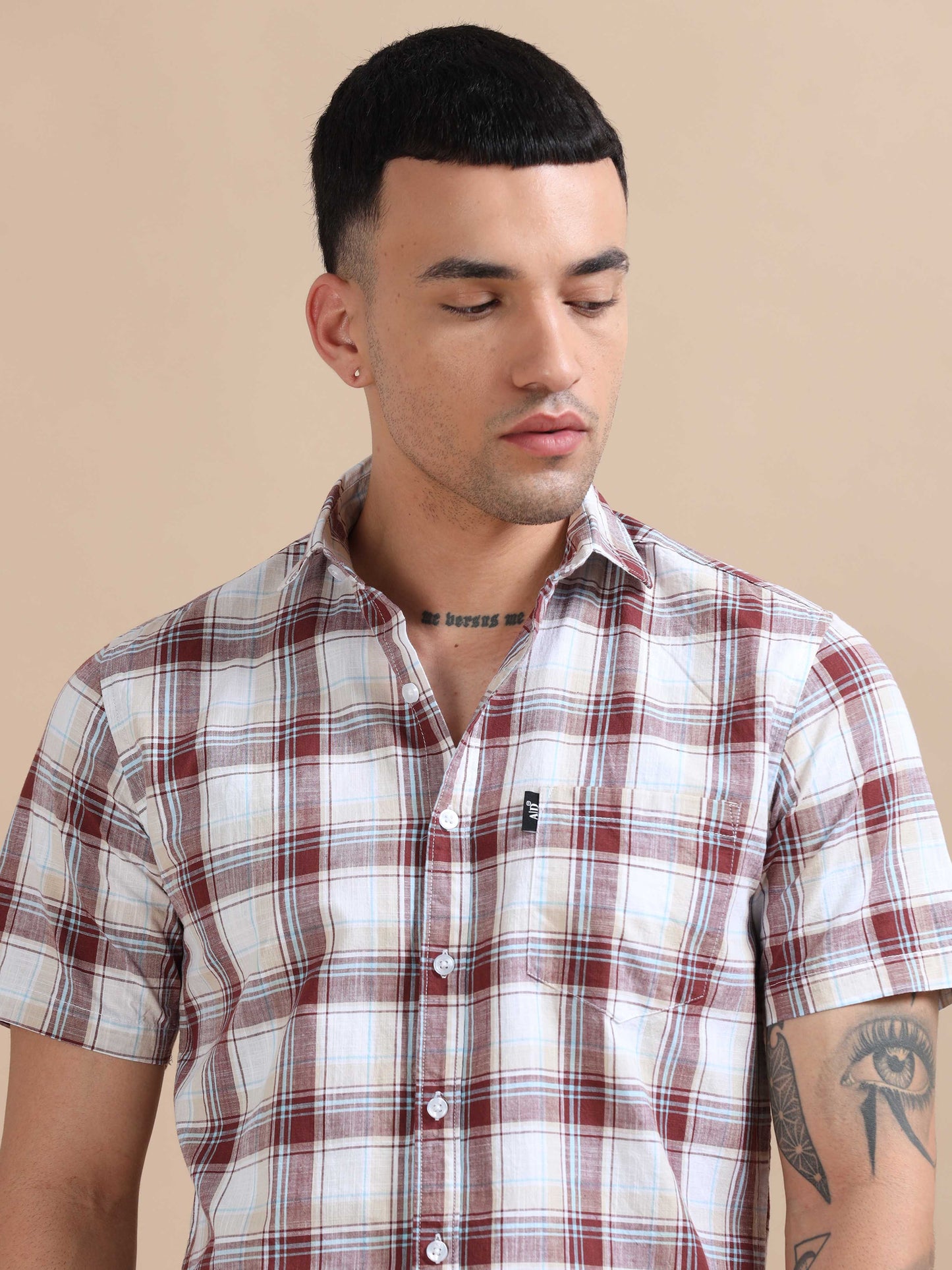 Savador Red Linen Slub Checks Shirt