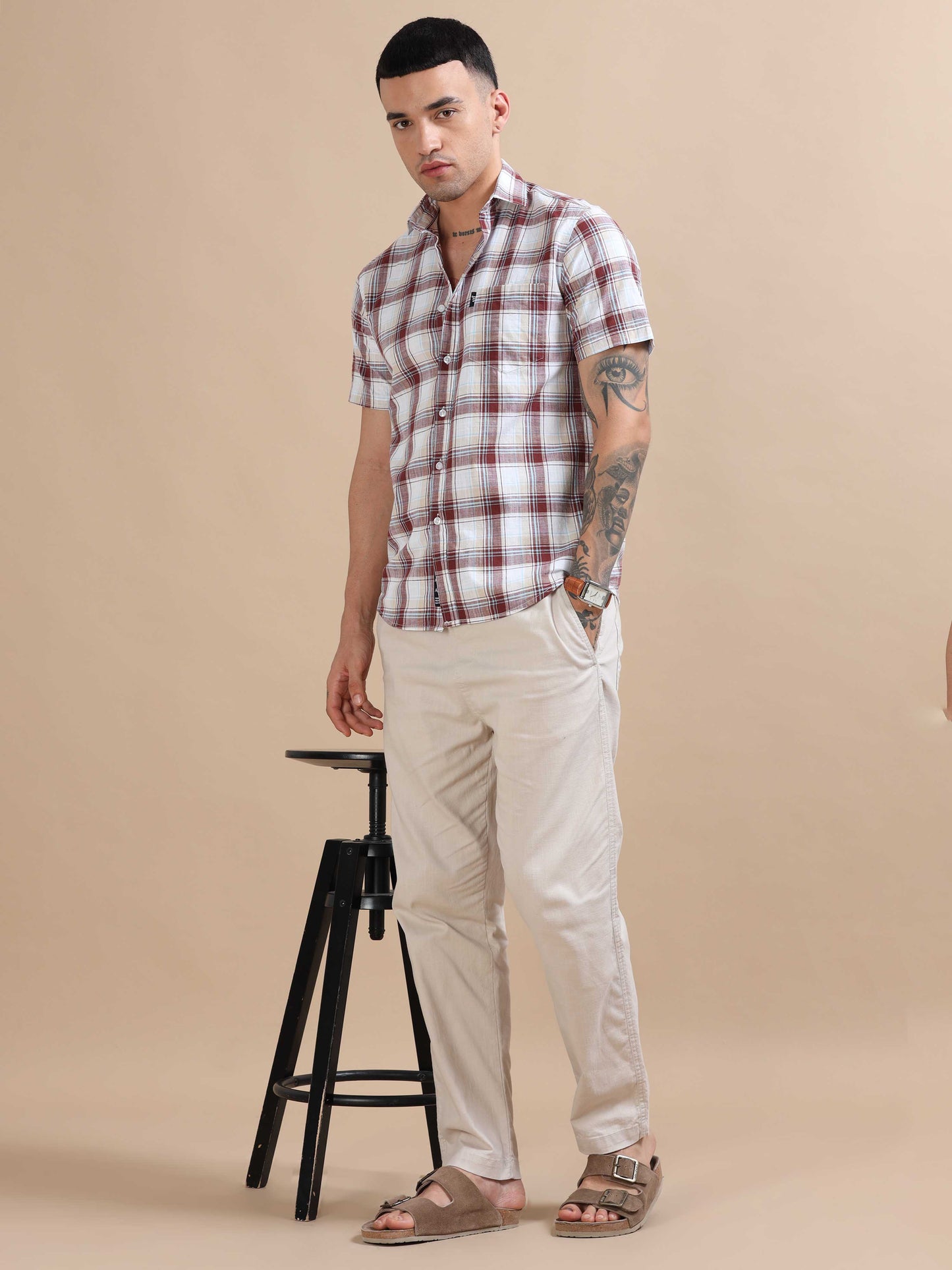 Savador Red Linen Slub Checks Shirt