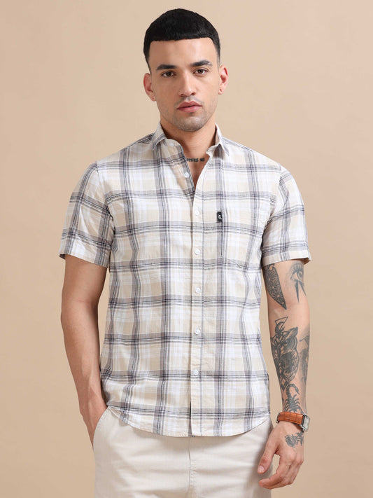 Savador Grey Linen Slub Checks Shirt