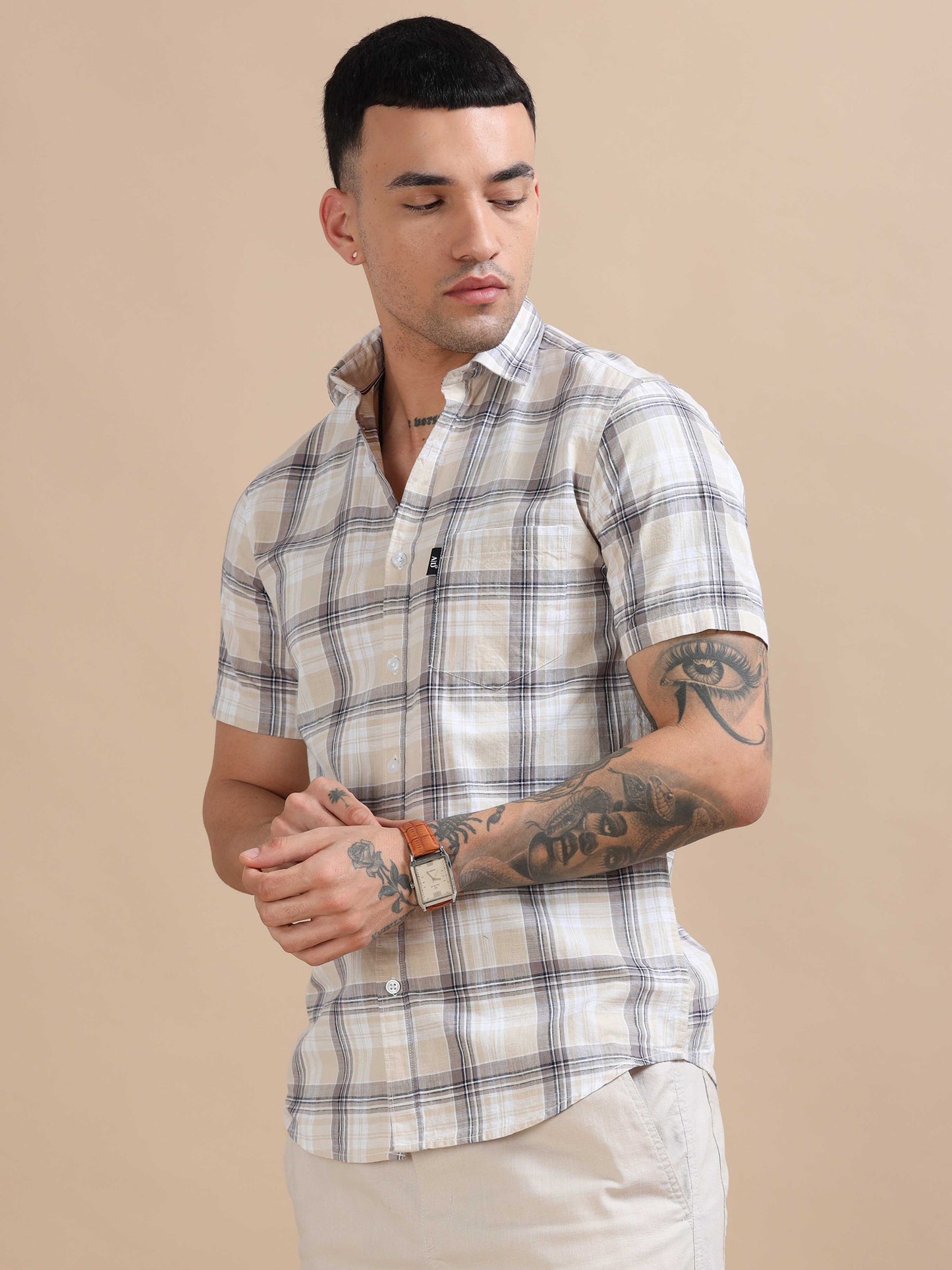 Savador Grey Linen Slub Checks Shirt