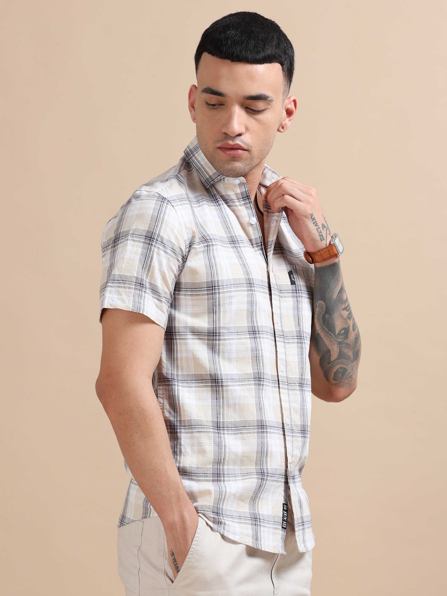 Savador Grey Linen Slub Checks Shirt