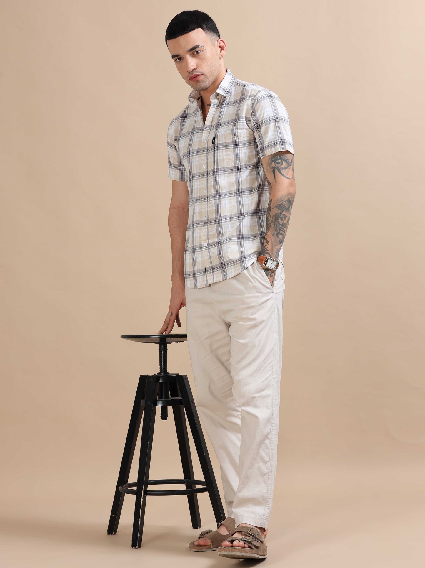 Savador Grey Linen Slub Checks Shirt