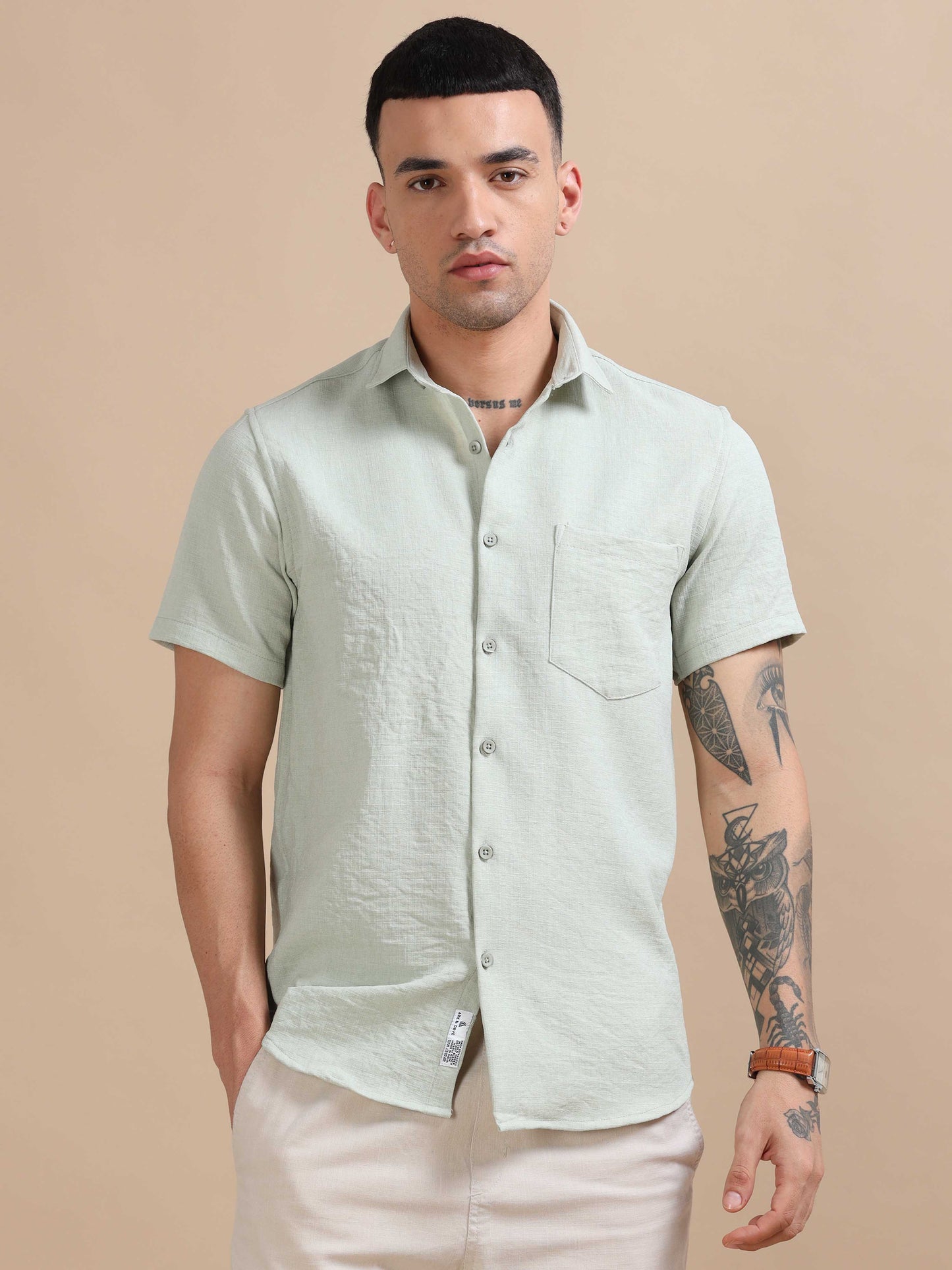 Eton Light Green Imported Poly Linen Shirt