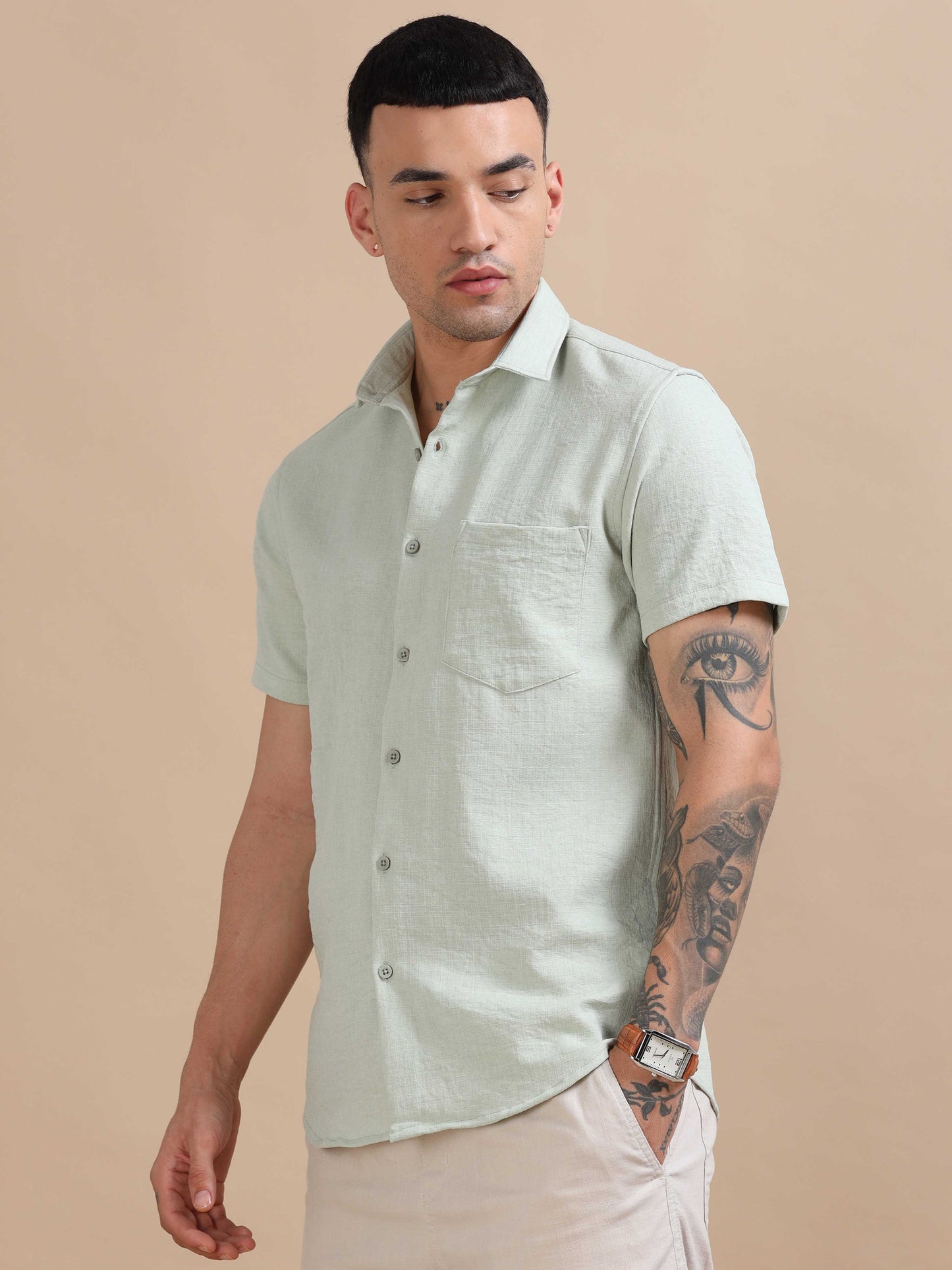 Eton Light Green Imported Poly Linen Shirt