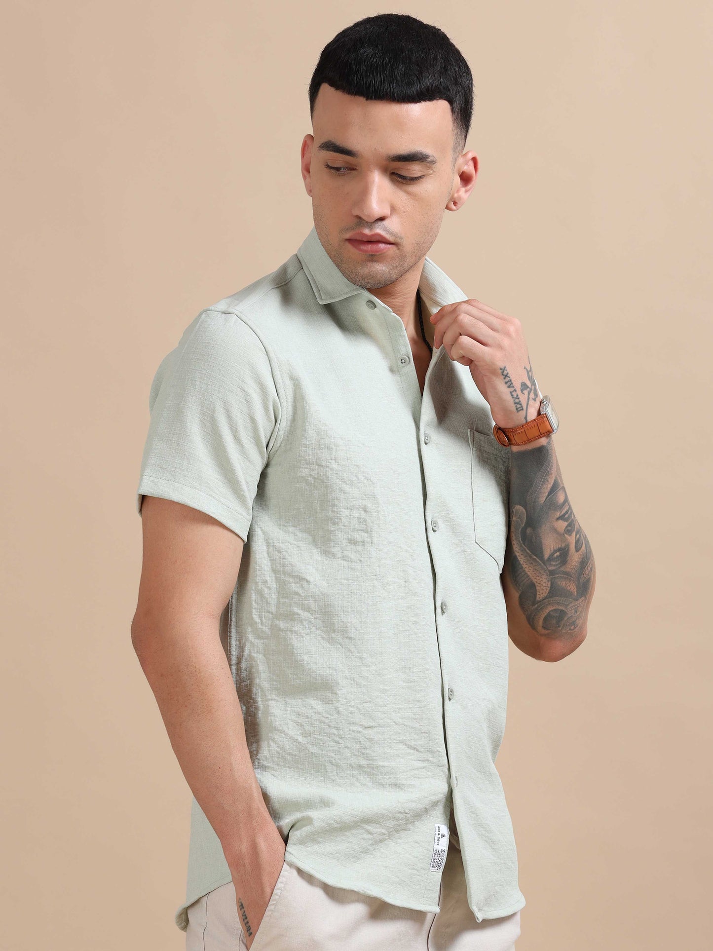 Eton Light Green Imported Poly Linen Shirt