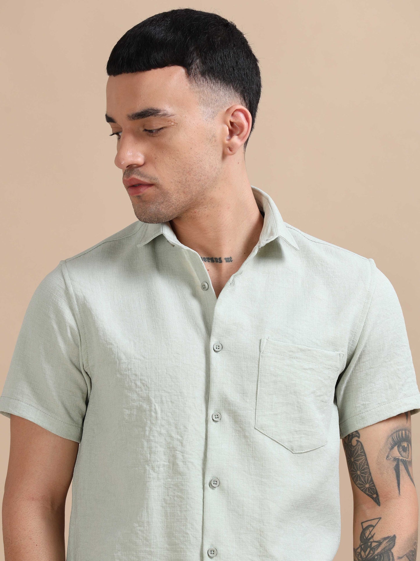 Eton Light Green Imported Poly Linen Shirt