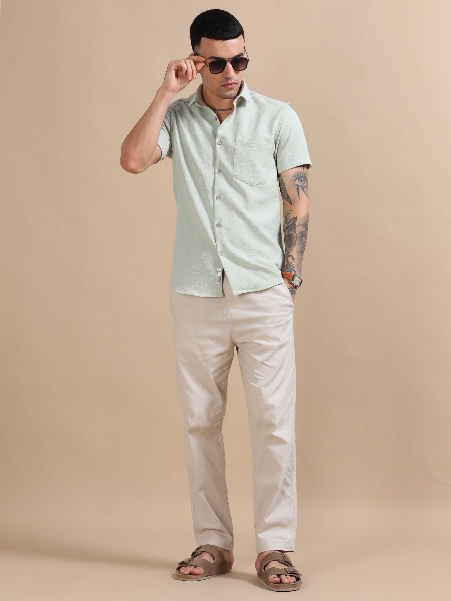 Eton Light Green Imported Poly Linen Shirt