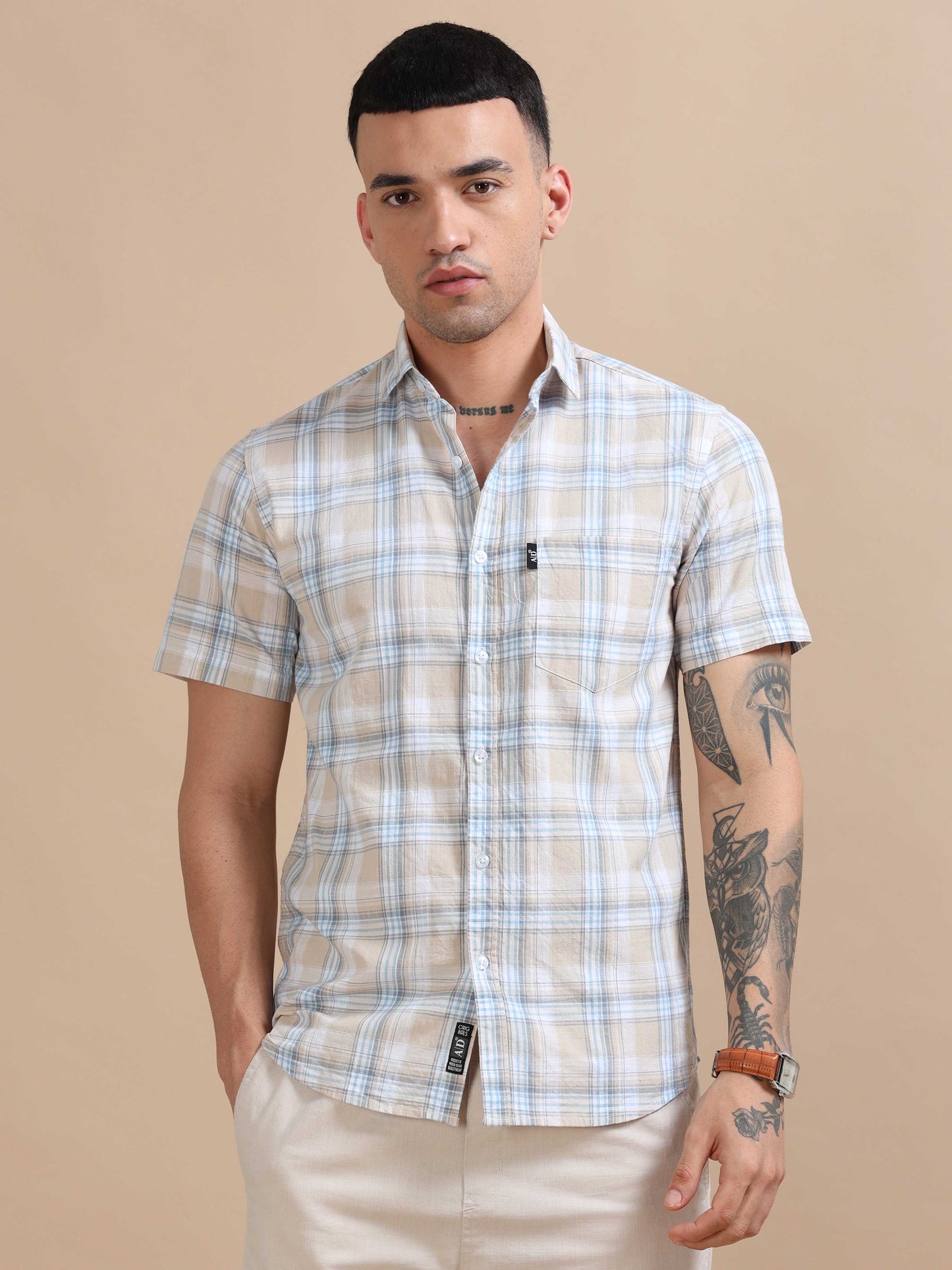 Savador Light Blue Linen Slub Checks Shirt