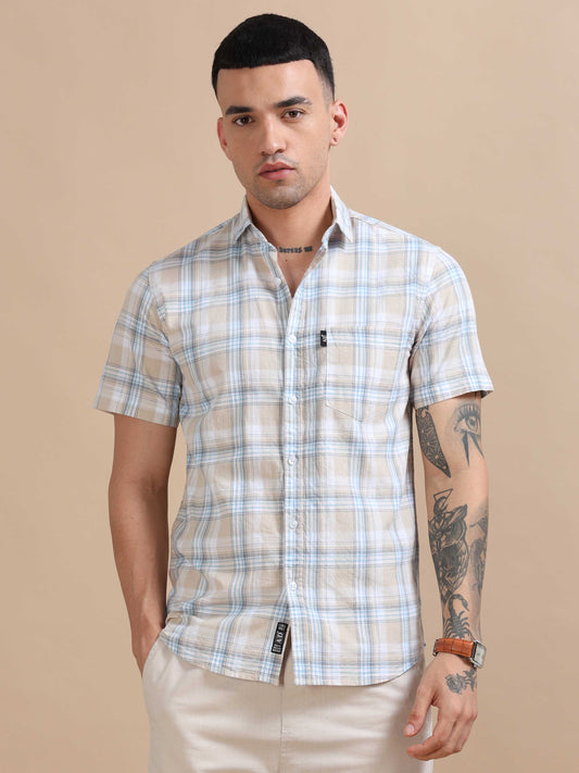 Savador Light Blue Linen Slub Checks Shirt