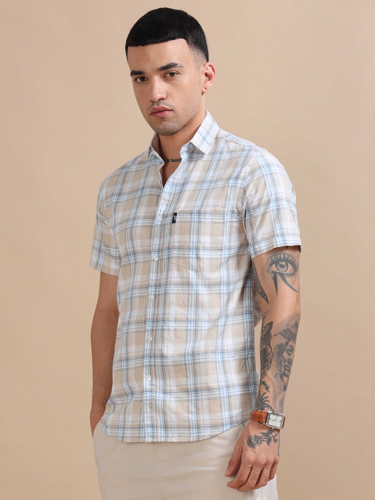 Savador Light Blue Linen Slub Checks Shirt