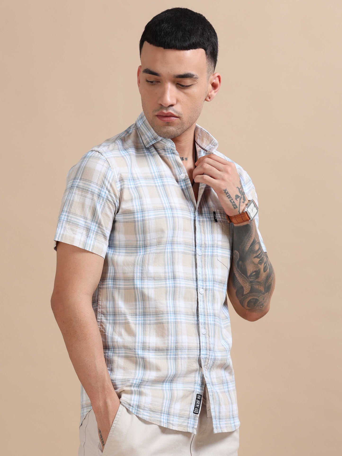 Savador Light Blue Linen Slub Checks Shirt