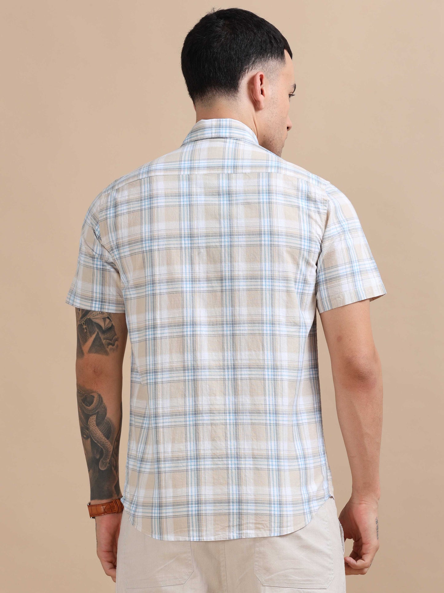 Savador Light Blue Linen Slub Checks Shirt