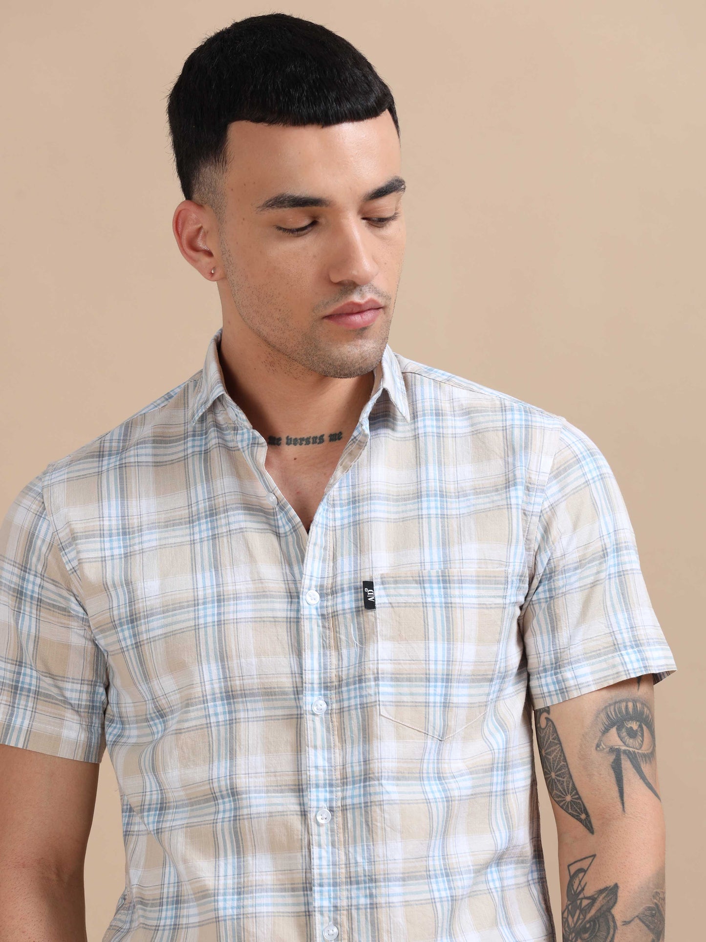 Savador Light Blue Linen Slub Checks Shirt