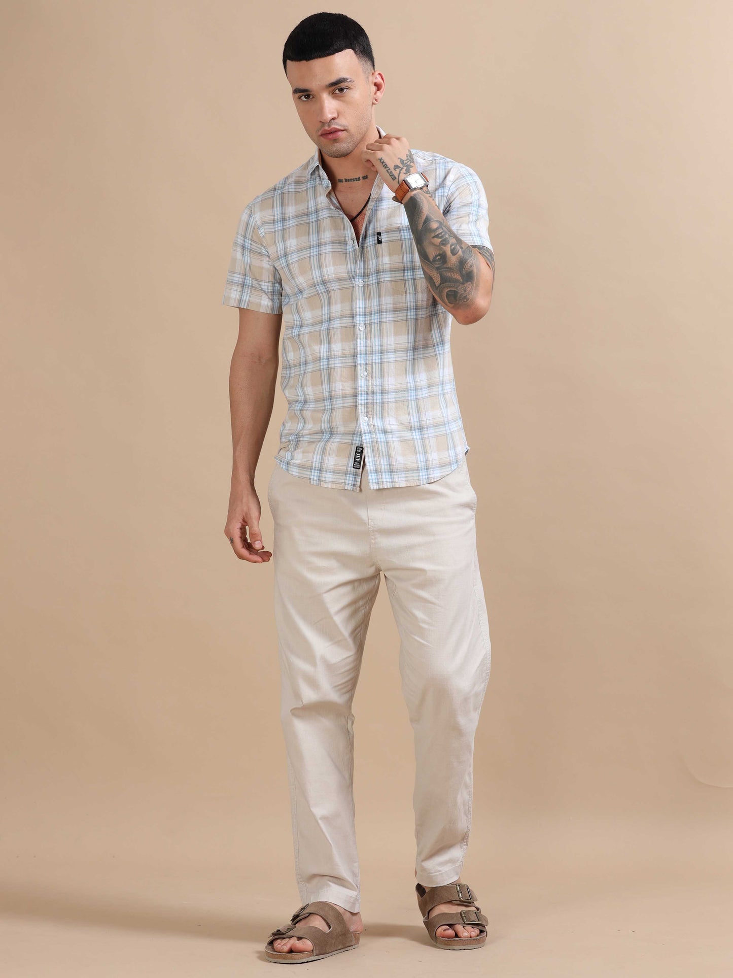 Savador Light Blue Linen Slub Checks Shirt