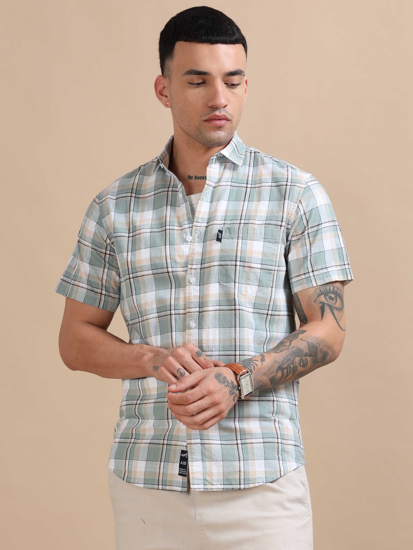 Savador Blue Linen Slub Checks Shirt