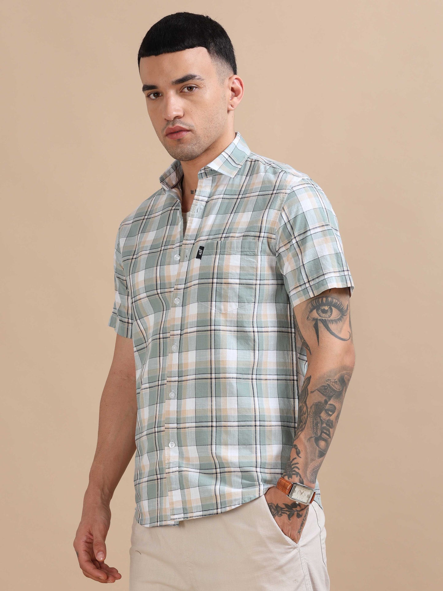 Savador Blue Linen Slub Checks Shirt