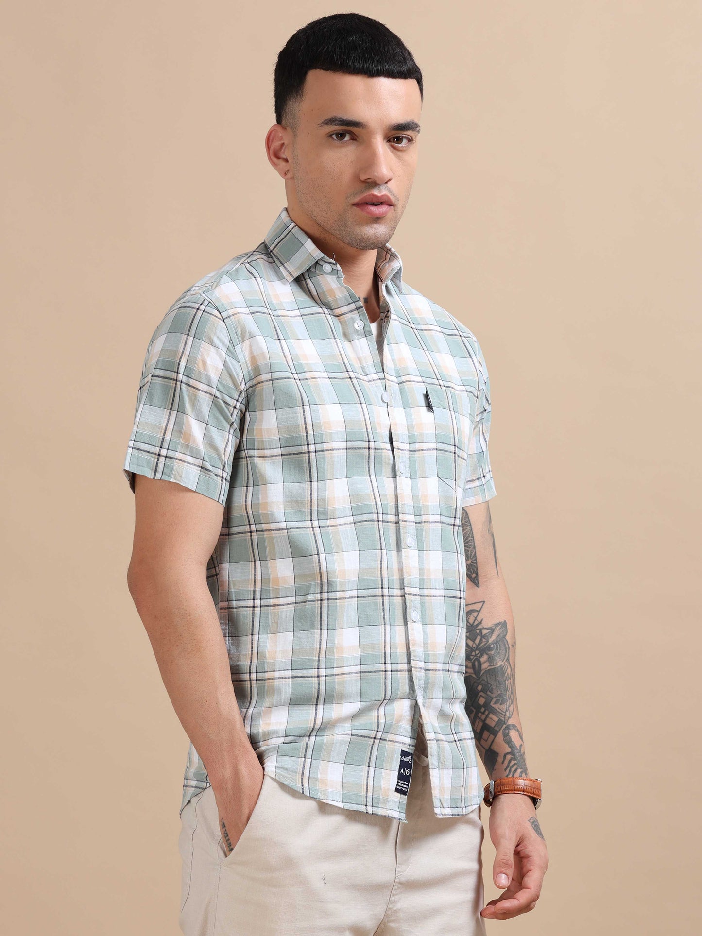 Savador Blue Linen Slub Checks Shirt