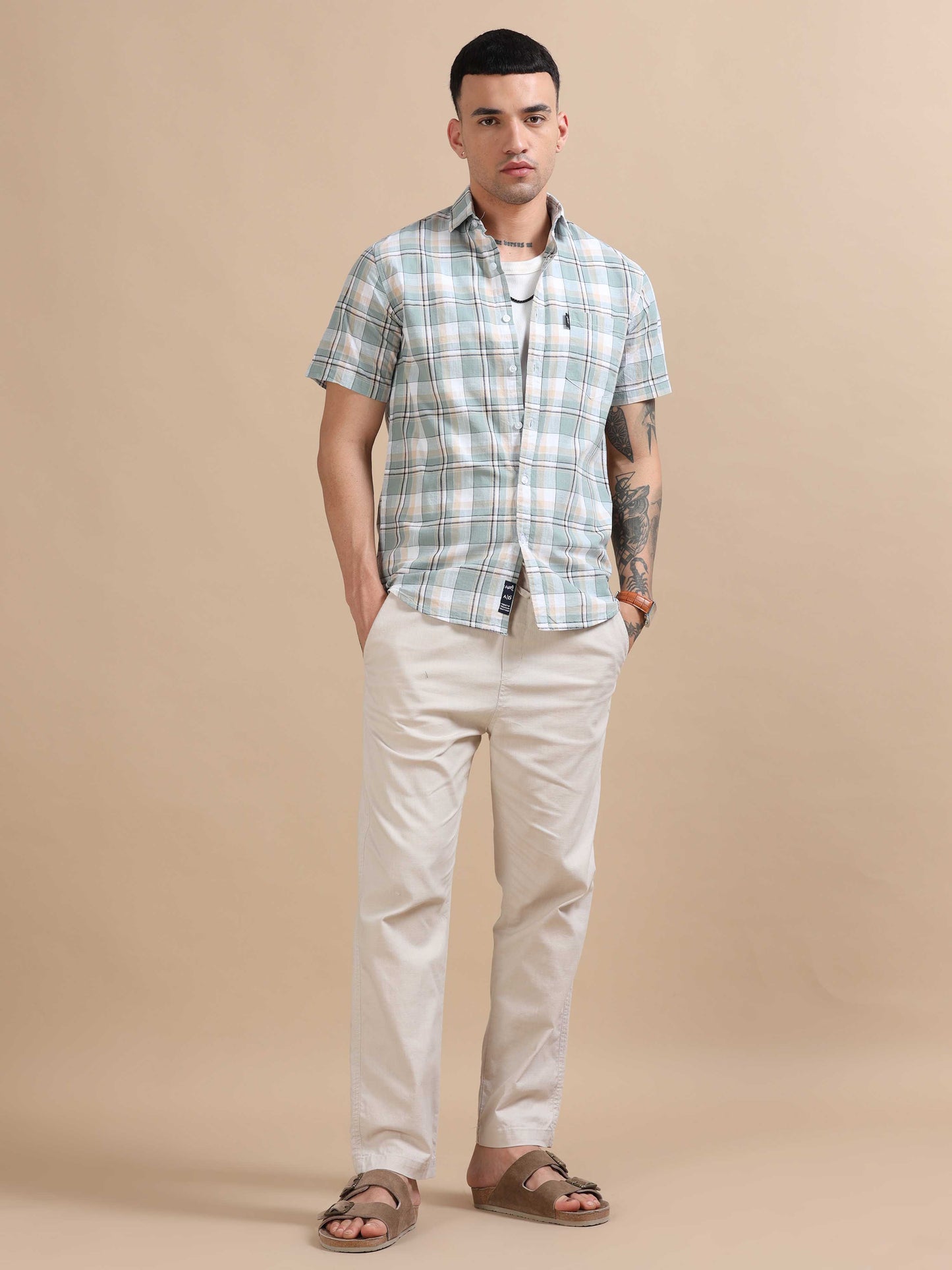 Savador Blue Linen Slub Checks Shirt