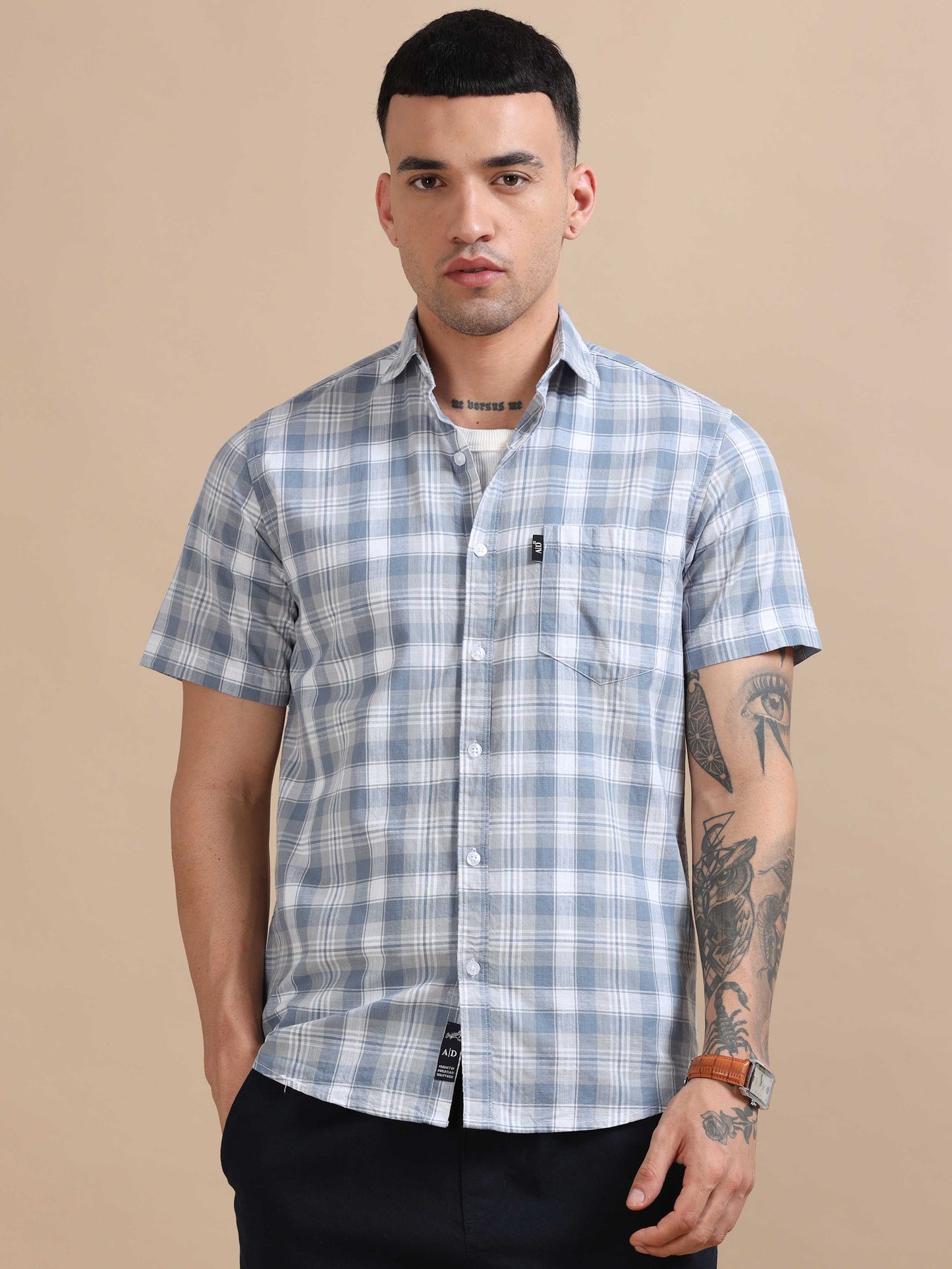 Savador Rock Blue Linen Slub Checks Shirt