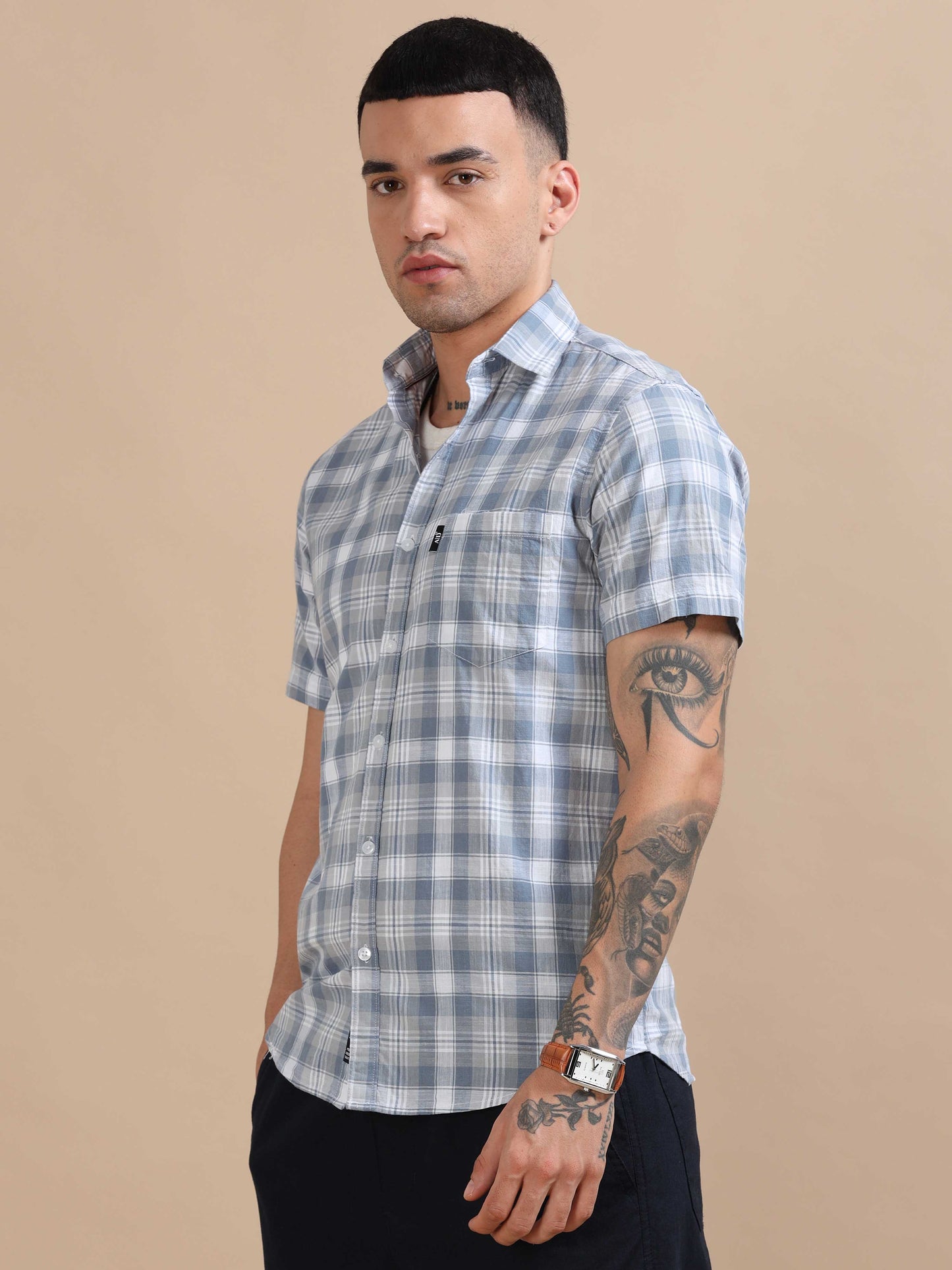 Savador Rock Blue Linen Slub Checks Shirt