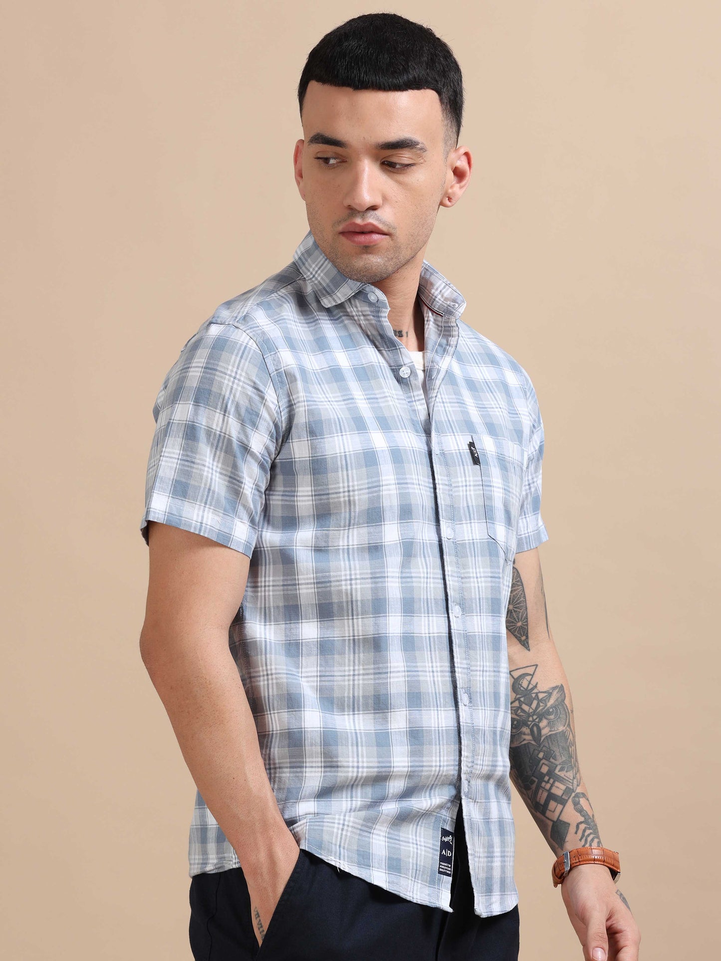 Savador Rock Blue Linen Slub Checks Shirt