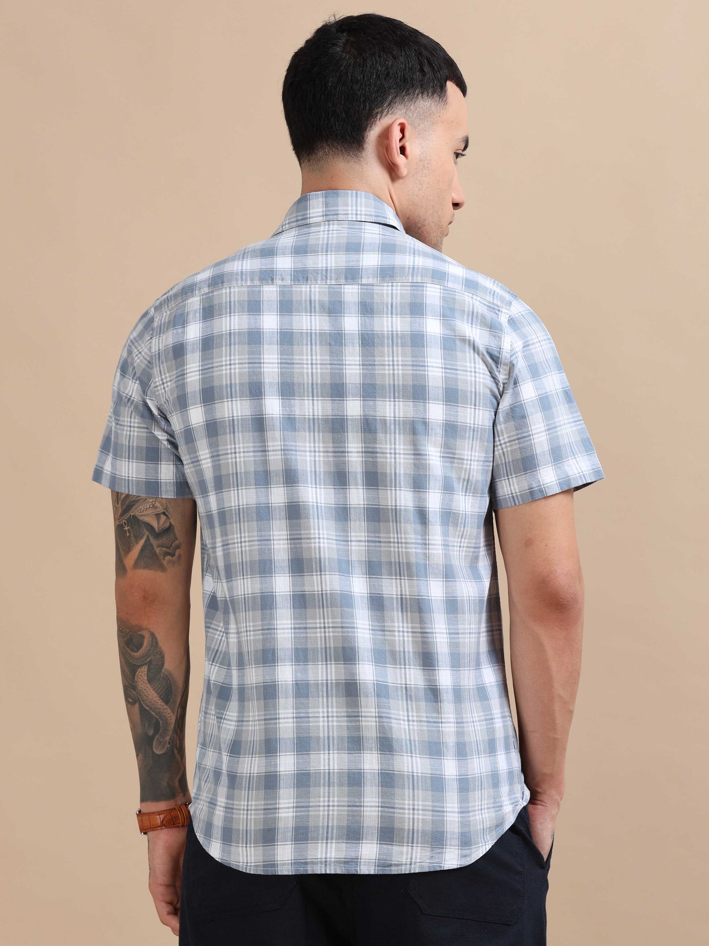 Savador Rock Blue Linen Slub Checks Shirt