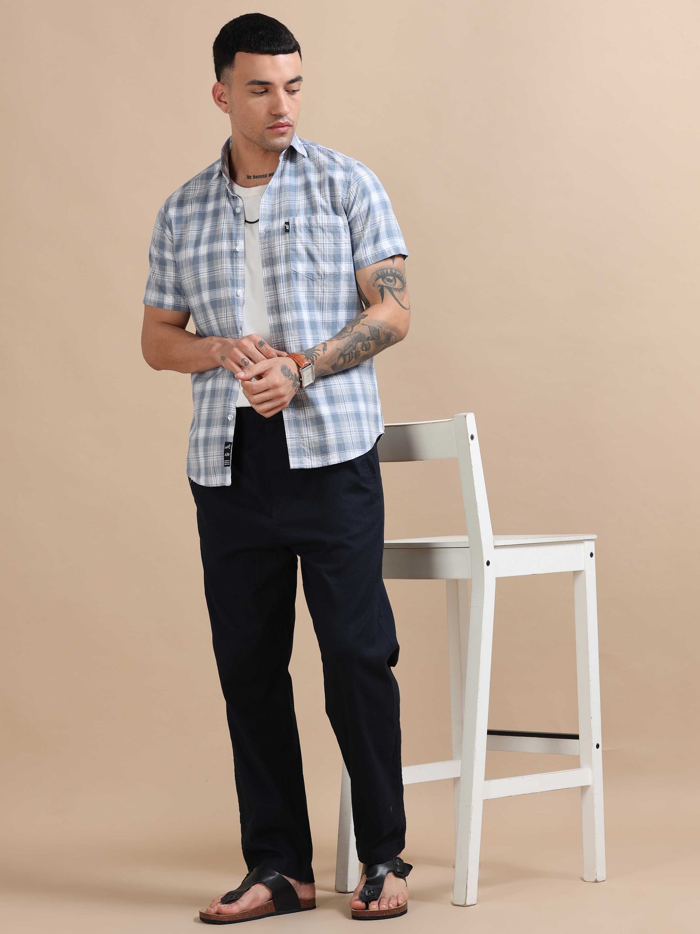 Savador Rock Blue Linen Slub Checks Shirt