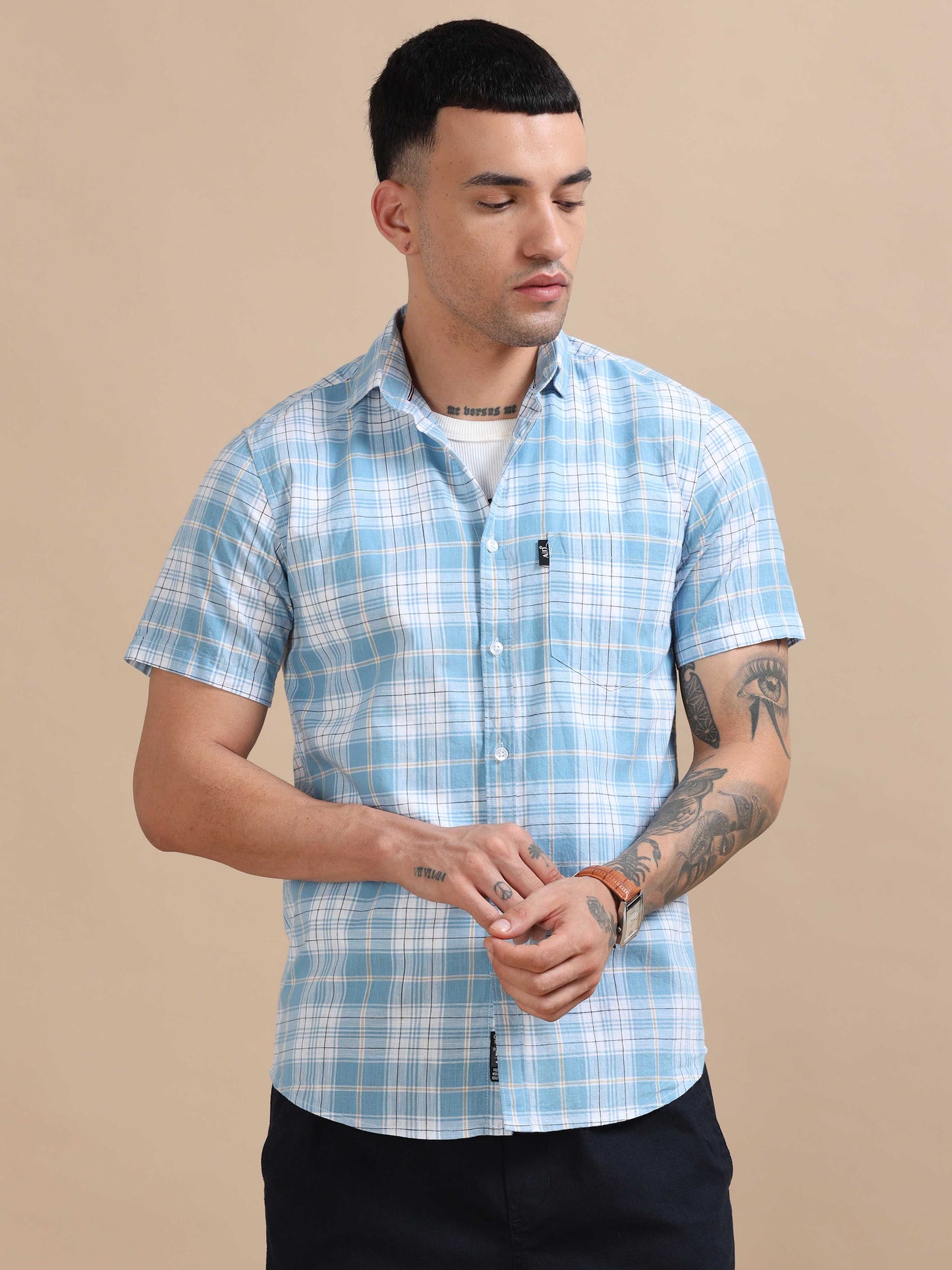 Savador Bluish Linen Slub Checks Shirt