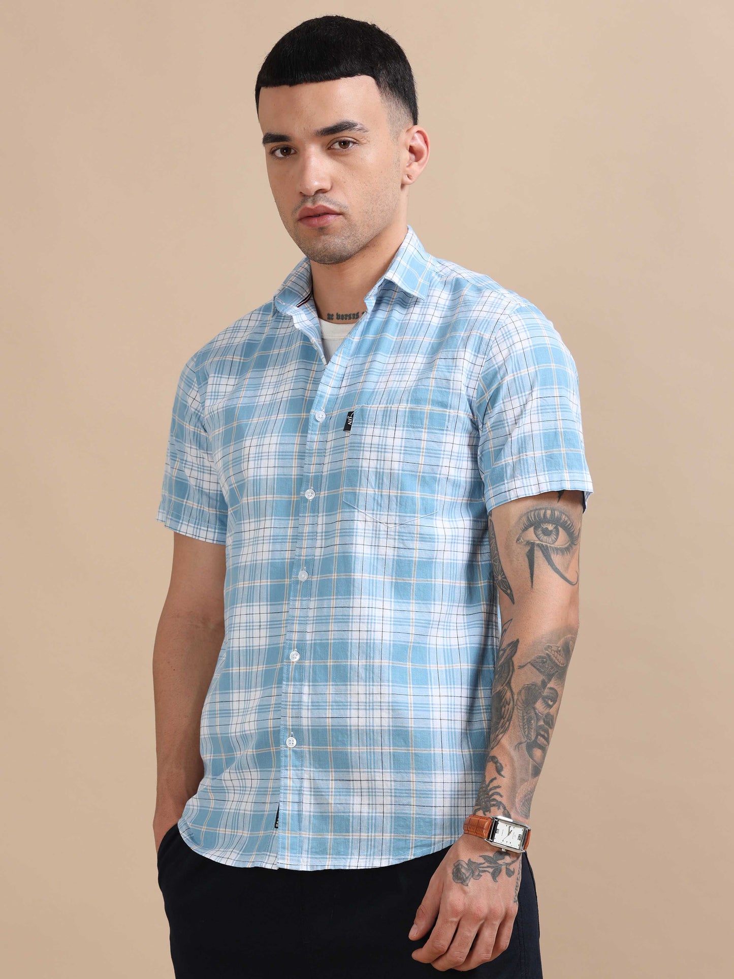 Savador Bluish Linen Slub Checks Shirt